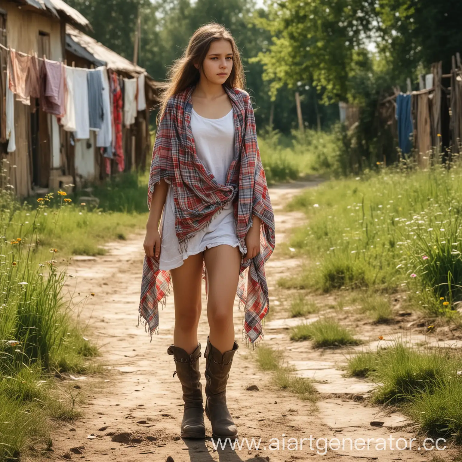 Girl-Wearing-Layered-Shirts-and-KneeHigh-Boots-with-Shawl-in-Rural-Summer-Setting