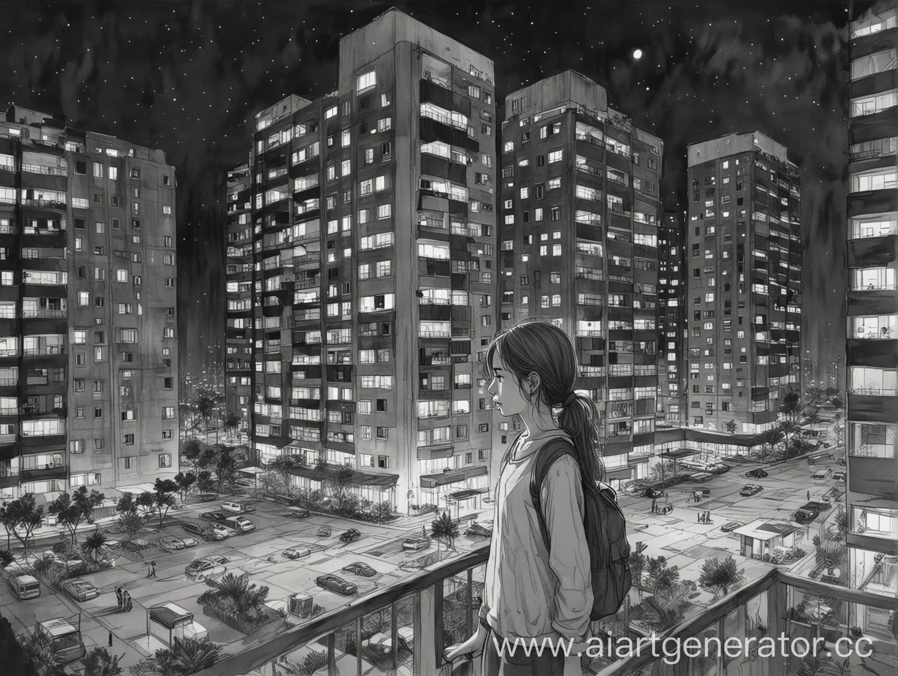 нарисуй девушку которая ночью заблудилась в большом новом жилом комплексе
