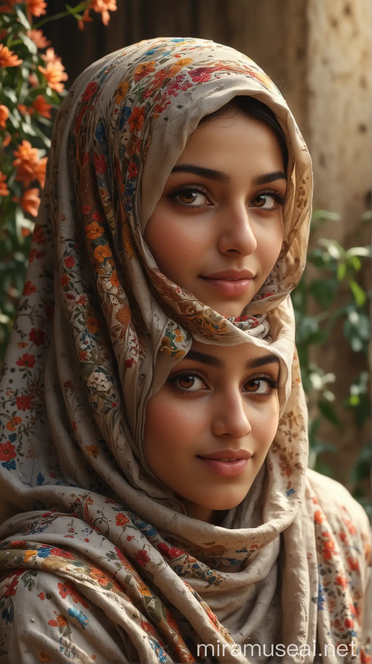 Majestic Arab Woman in Hijab Amidst Vibrant Floral Patterns
