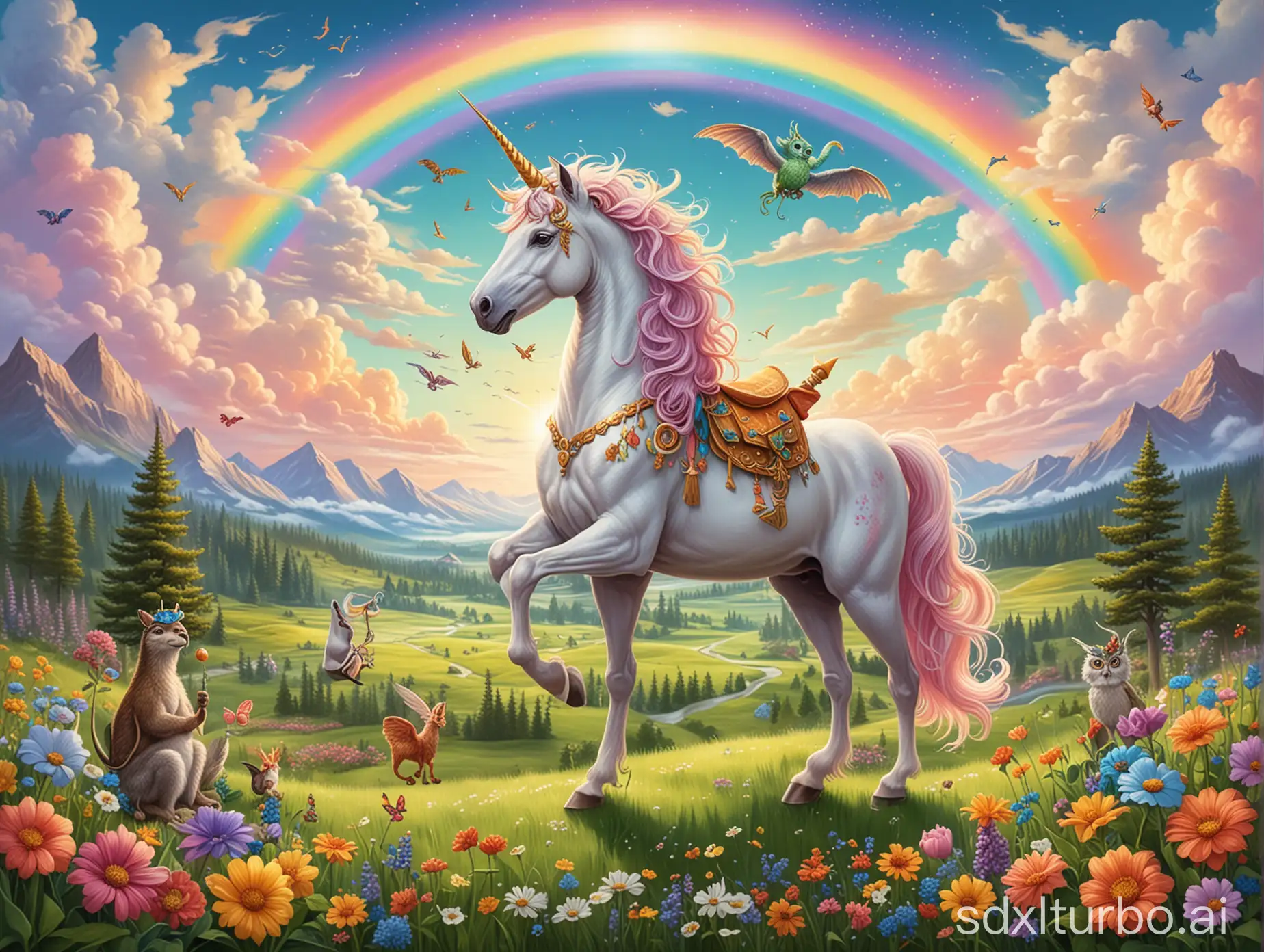 A vibrant and whimsical illustration featuring a diverse array of mythical creatures gathered together. A majestic unicorn with a sparkling horn stands in the center, surrounded by a mischievous leprechaun, a wise owl with a magical staff, and a playful dragon with a rainbow tail. The background is a soft pastel sky with fluffy clouds, and a lush green meadow with colorful flowers. This charming scene is perfect for a greeting card, evoking warmth and wonder.