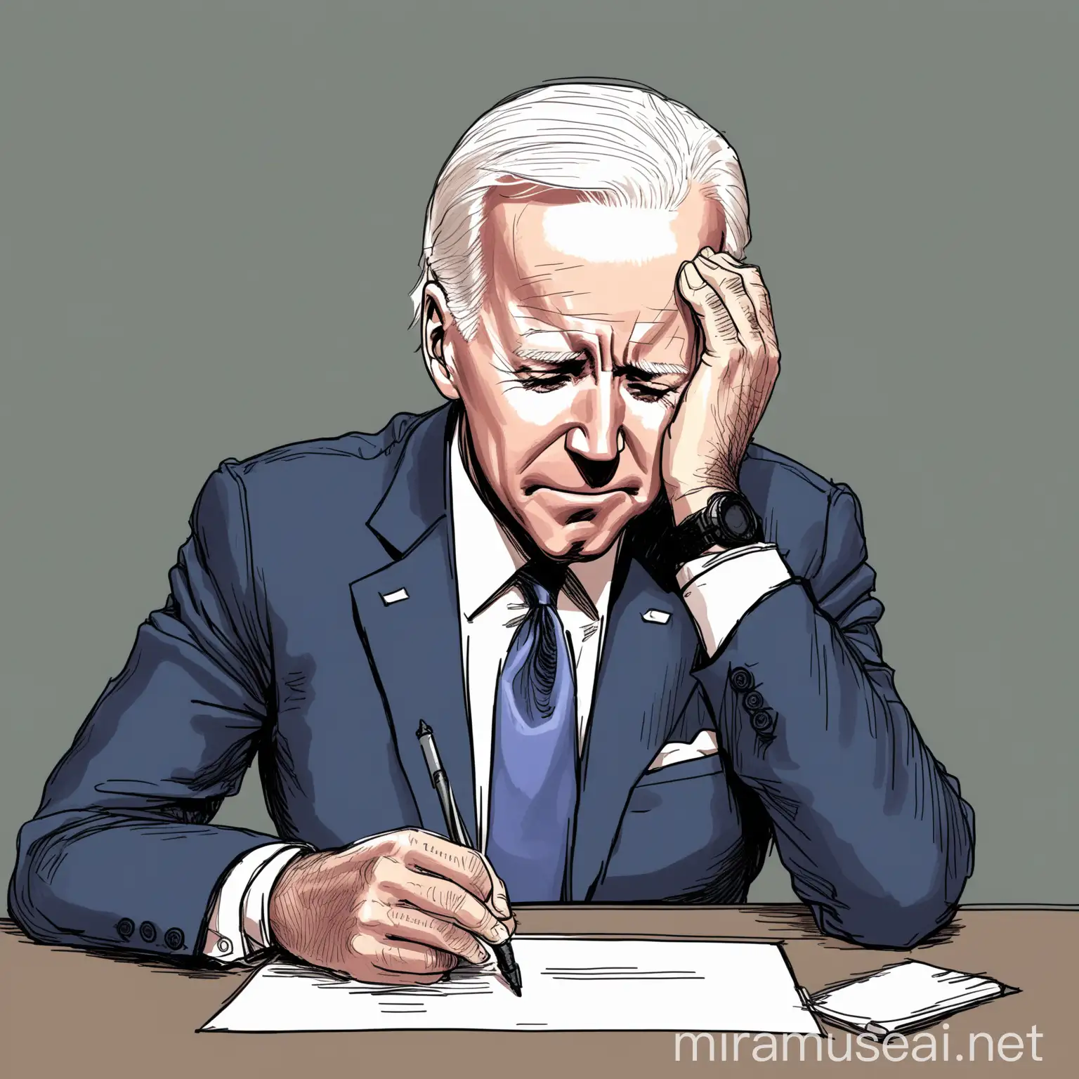 hand-drawn illustration of Joe Biden getting tired
