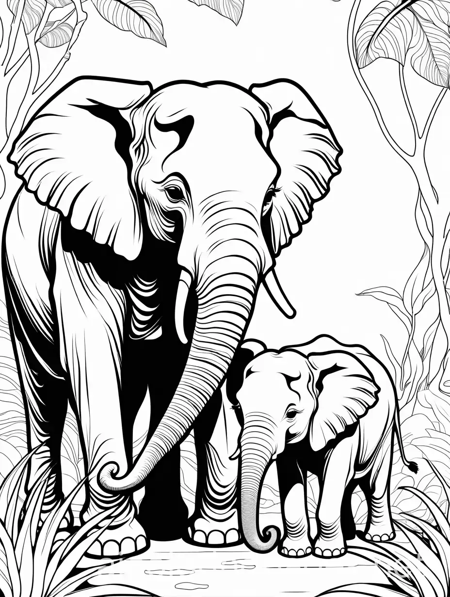 a baby elephant has his head near mother elephant in a jungle, Coloring Page, black and white, line art, white background, Simplicity, Ample White Space. The background of the coloring page is plain white to make it easy for young children to color within the lines. The outlines of all the subjects are easy to distinguish, making it simple for kids to color without too much difficulty