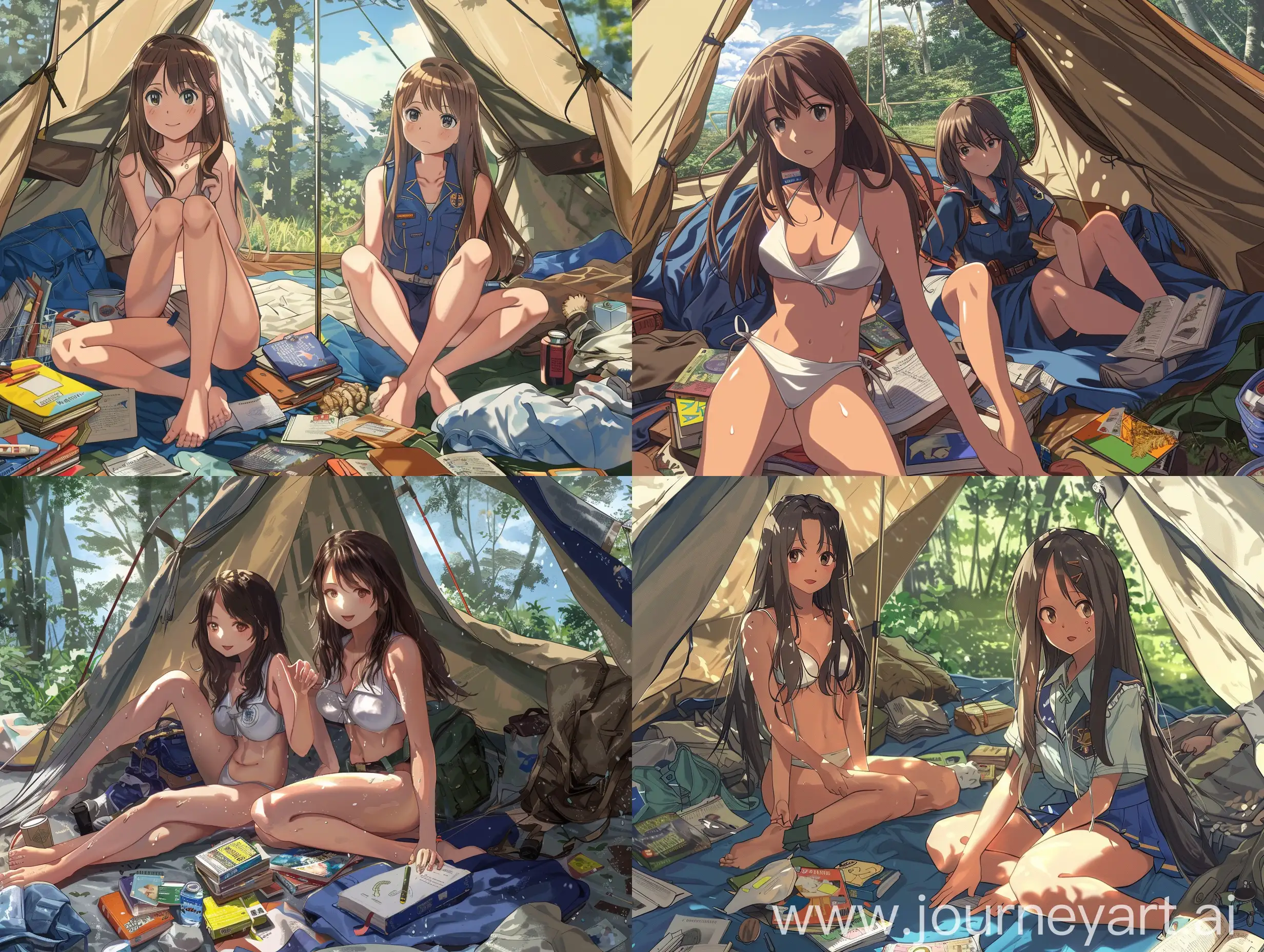 Background: tent in the nature, with stuff lying around on the floor: books, clothes, etc.  Foregroung: 2 girls scout (18 years old) are sitting in a tent. They both are cute, slim with long brown hair. The first girl: she is wearing white swimsuit. Second girl: wearing a blue uniforme, with a white shirt. 