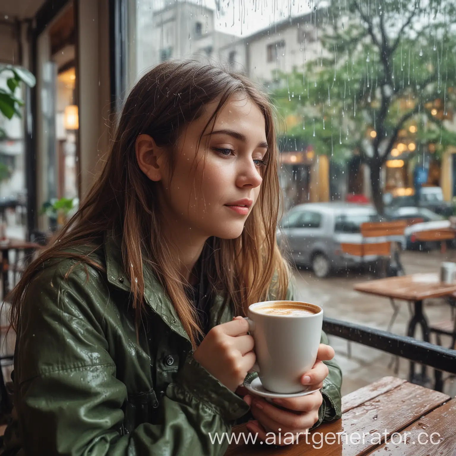 A girl looks at the first spring rain while sitting in a cafe with hot coffee.