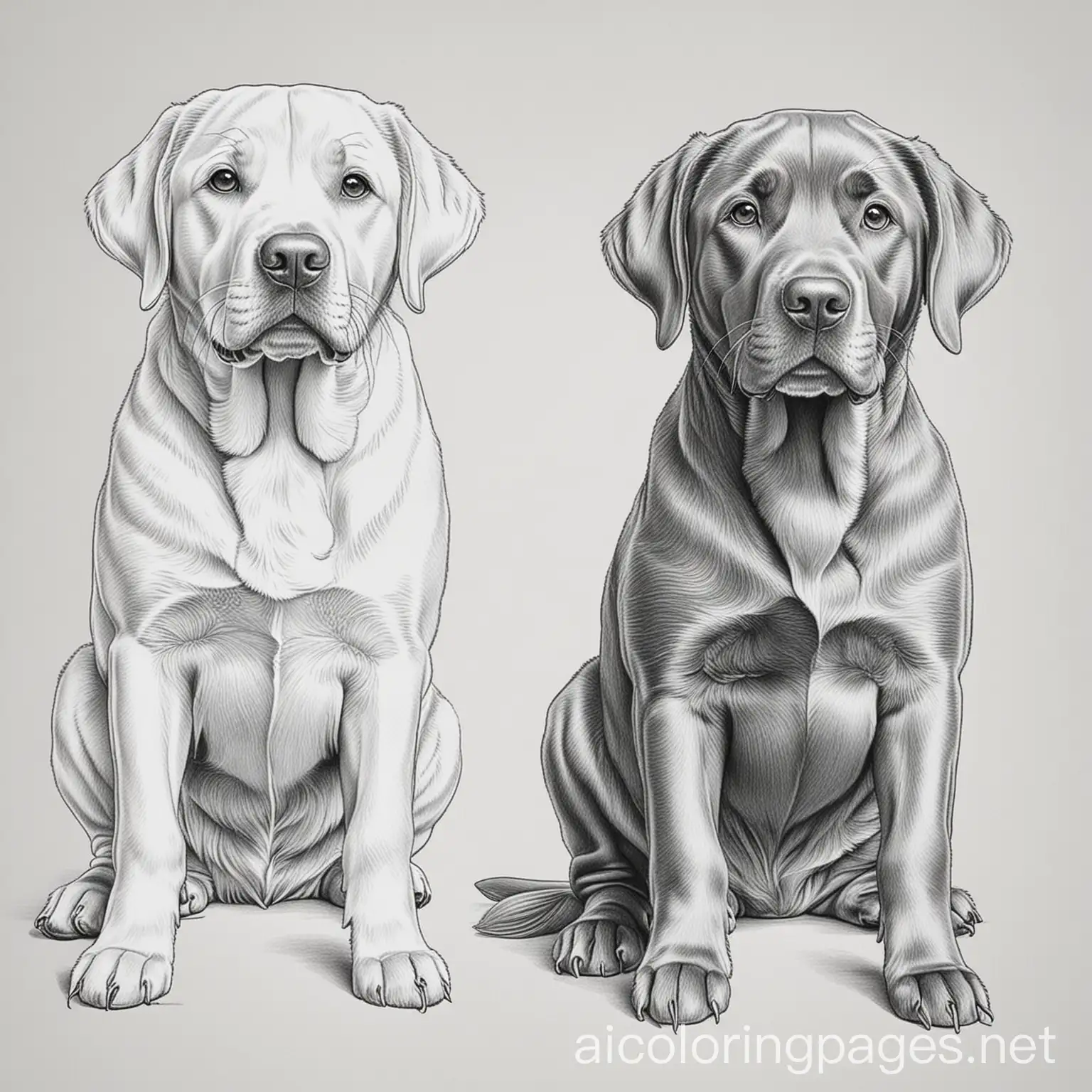 Black lab and chocolate lab, Coloring Page, black and white, line art, white background, Simplicity, Ample White Space. The background of the coloring page is plain white to make it easy for young children to color within the lines. The outlines of all the subjects are easy to distinguish, making it simple for kids to color without too much difficulty