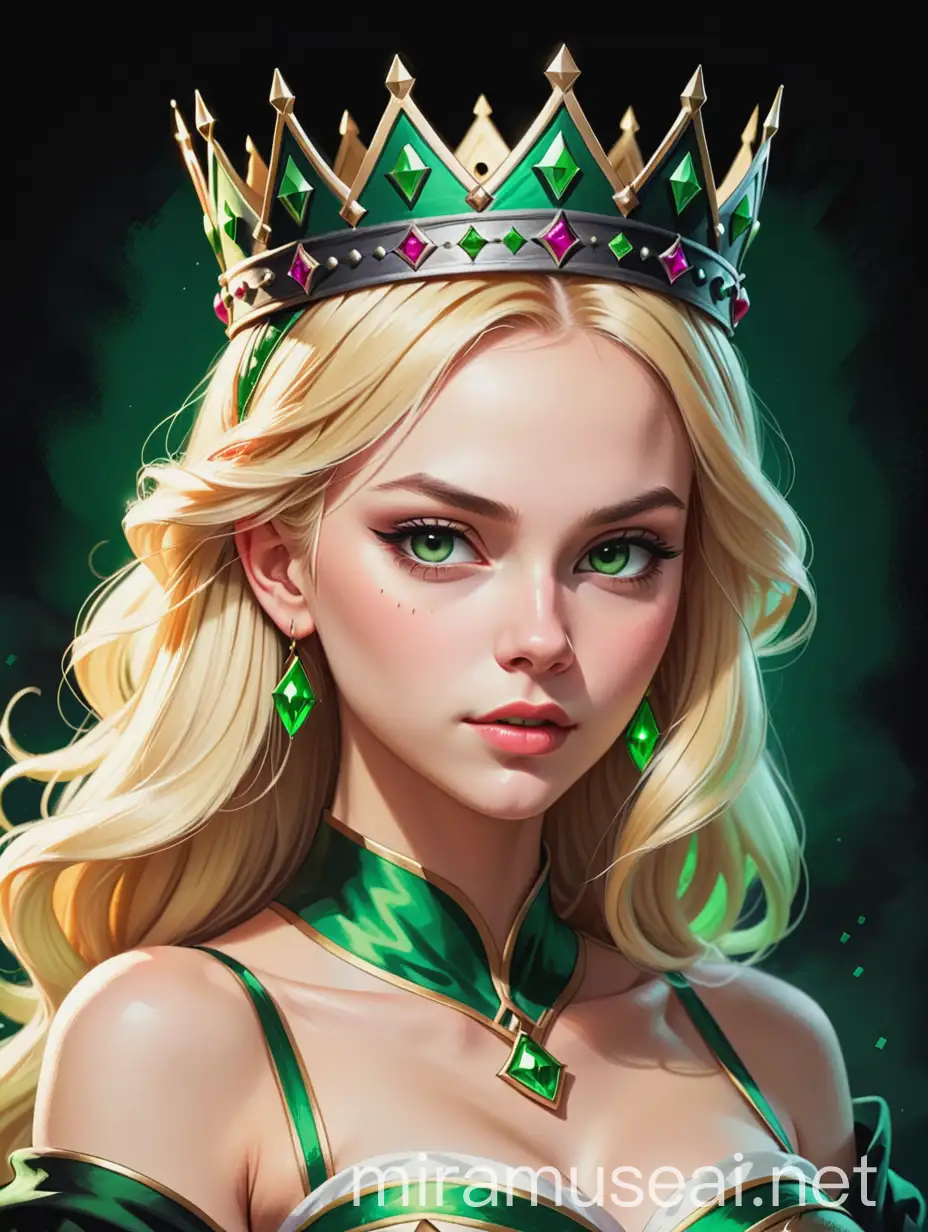 A half body drawing of a evil and beautiful blonde princess, wearing a crown on her head, on a black and green background, in fantasy drawing style