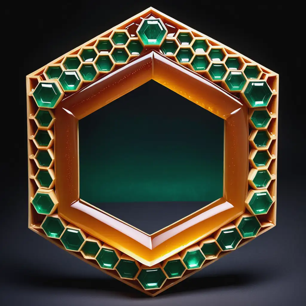 六边形状的蜂蜜边框，里面镶嵌巨大的翠绿宝石