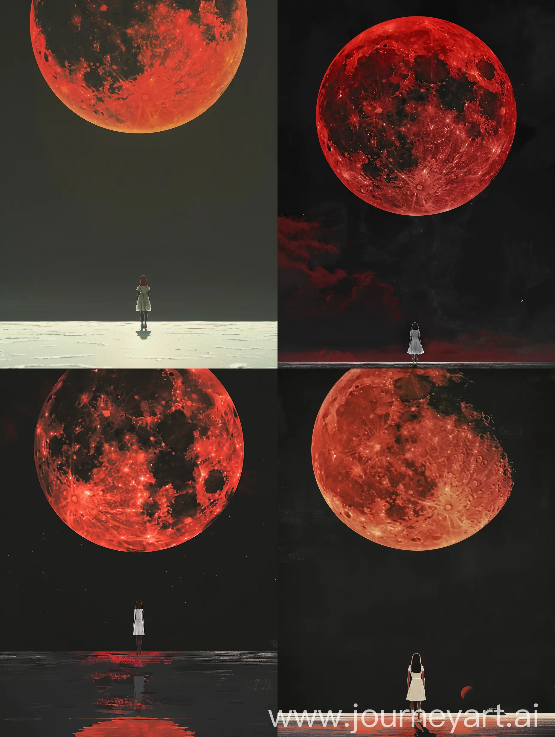 girl standing on horizon under a giant red moon in black sky in the style of Lim Heng Swee