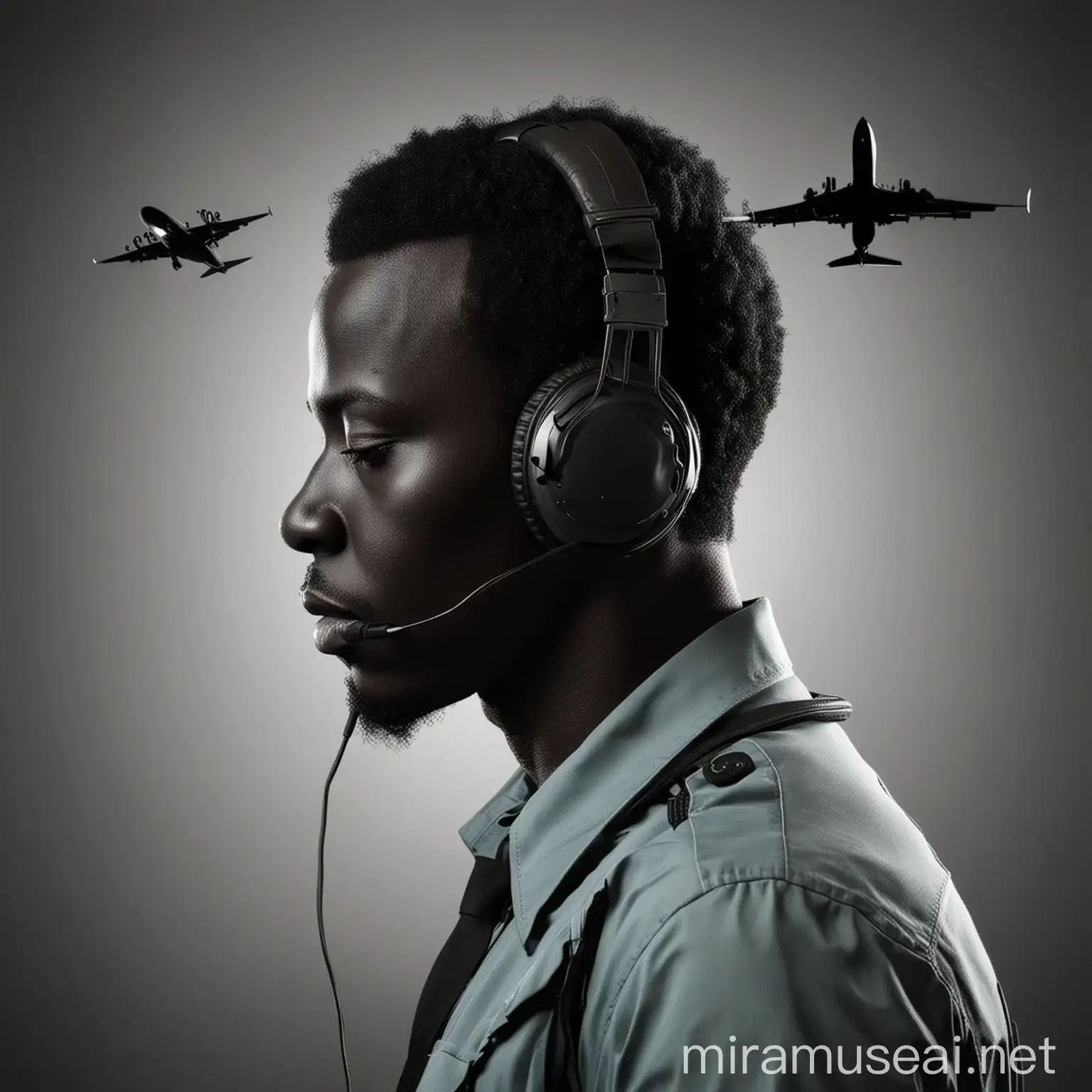African Black Silhouette with Air Traffic Controller Headphones