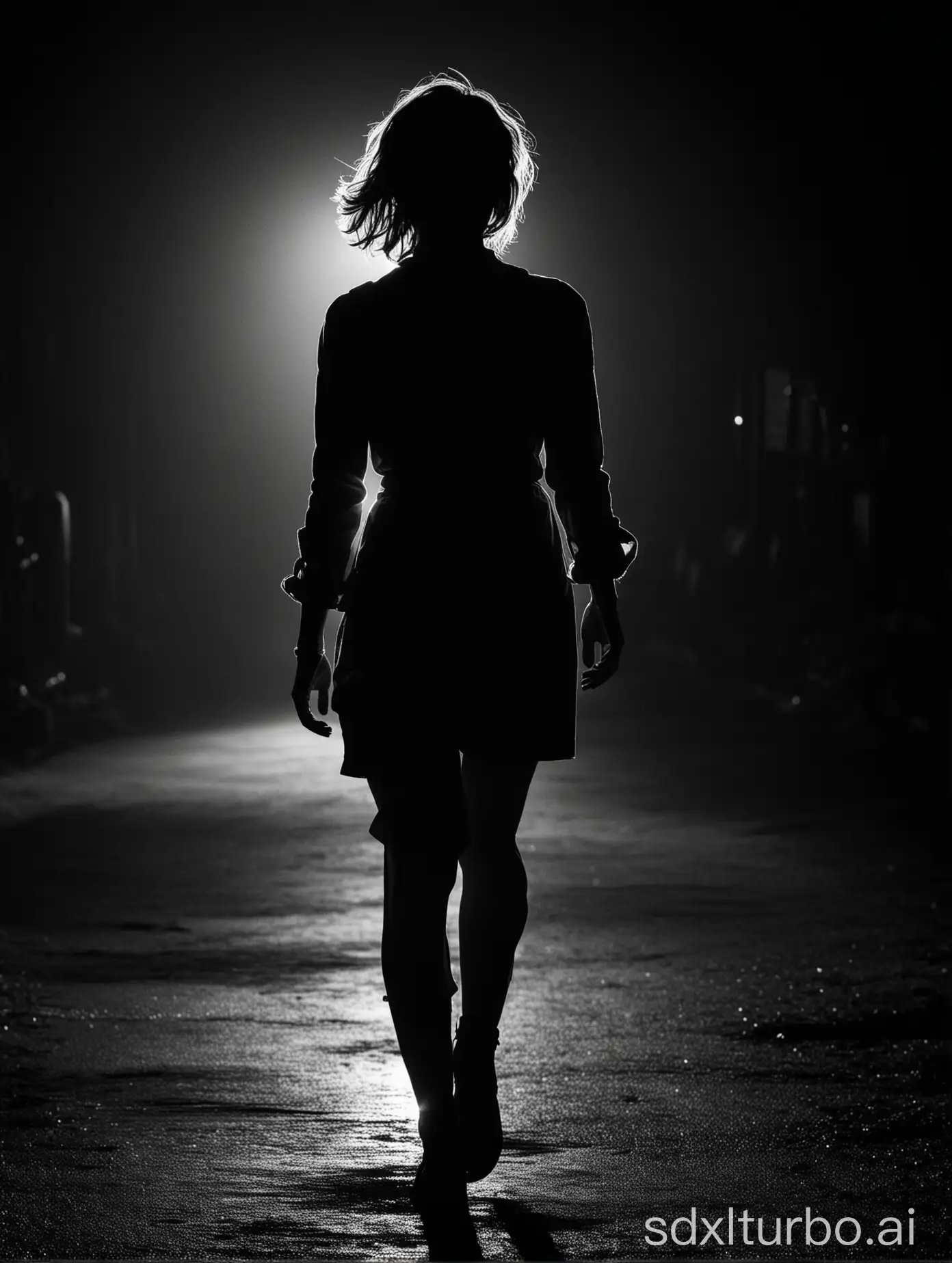 Photo of Emma Watson's silhouette，walking，
in the dark. rim lighting.high contrast. low light