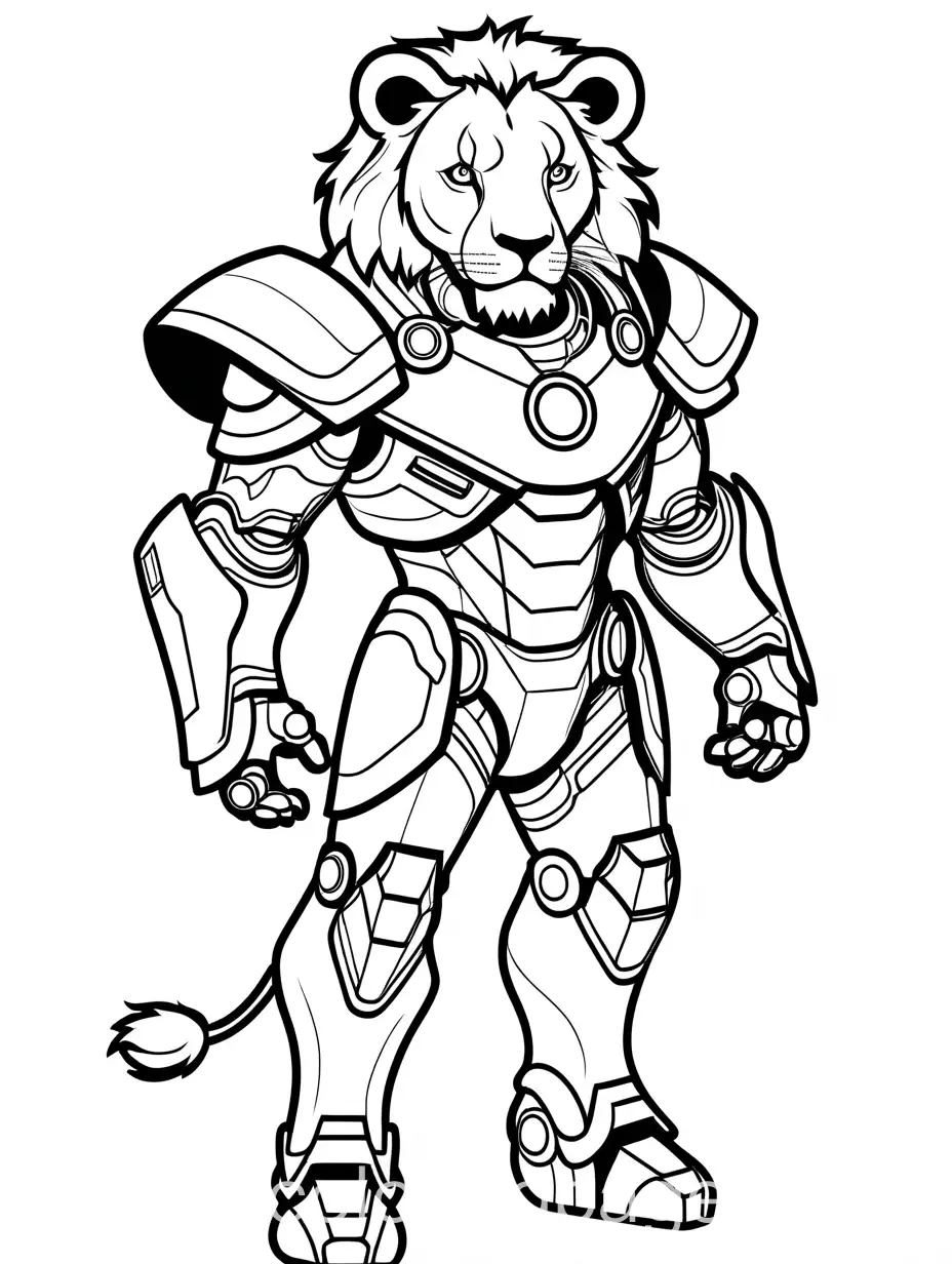 Lion dressed as Iron man, Coloring Page, black and white, line art, white background, Simplicity, Ample White Space. The background of the coloring page is plain white to make it easy for young children to color within the lines. The outlines of all the subjects are easy to distinguish, making it simple for kids to color without too much difficulty