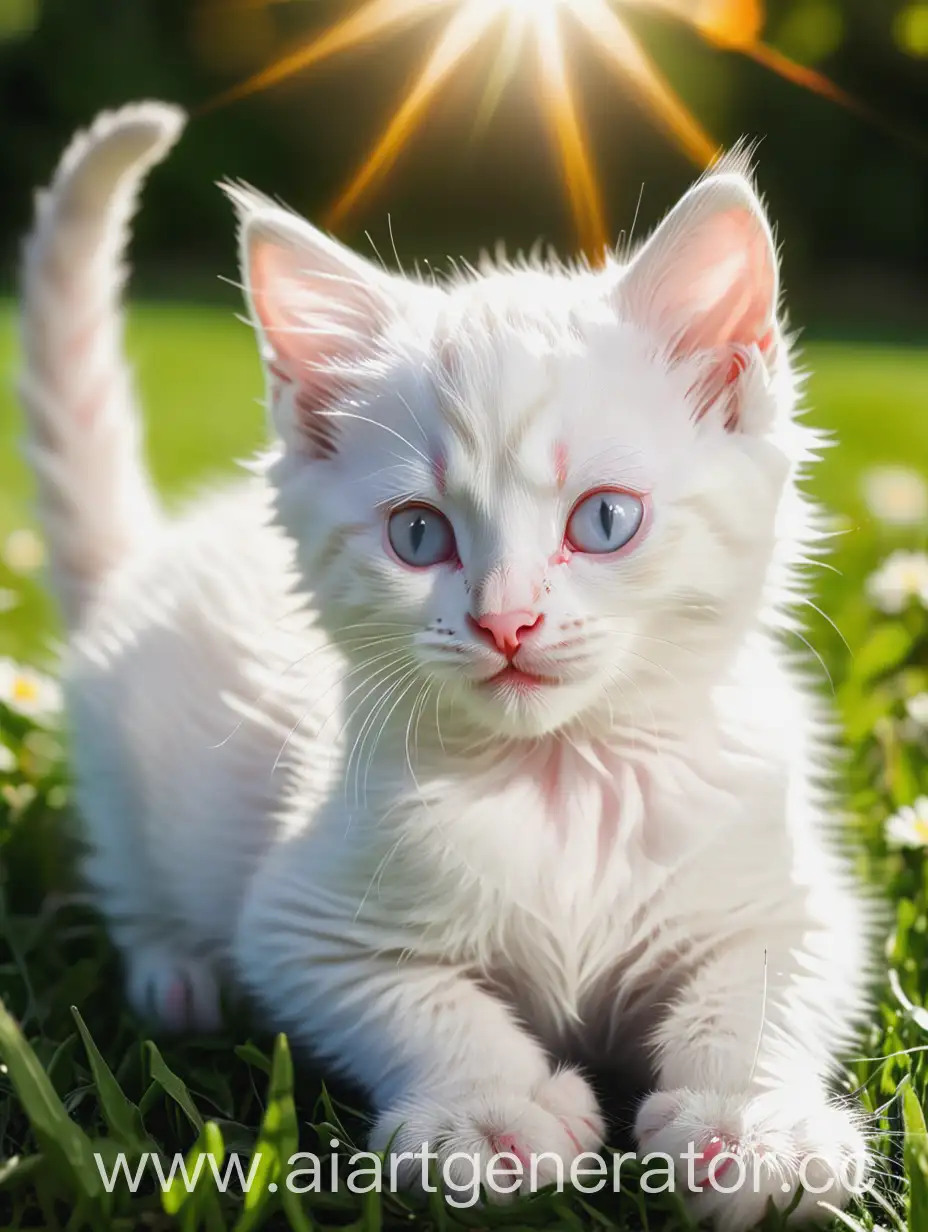 Милый белый котёнок греется на лужайке на солнышке