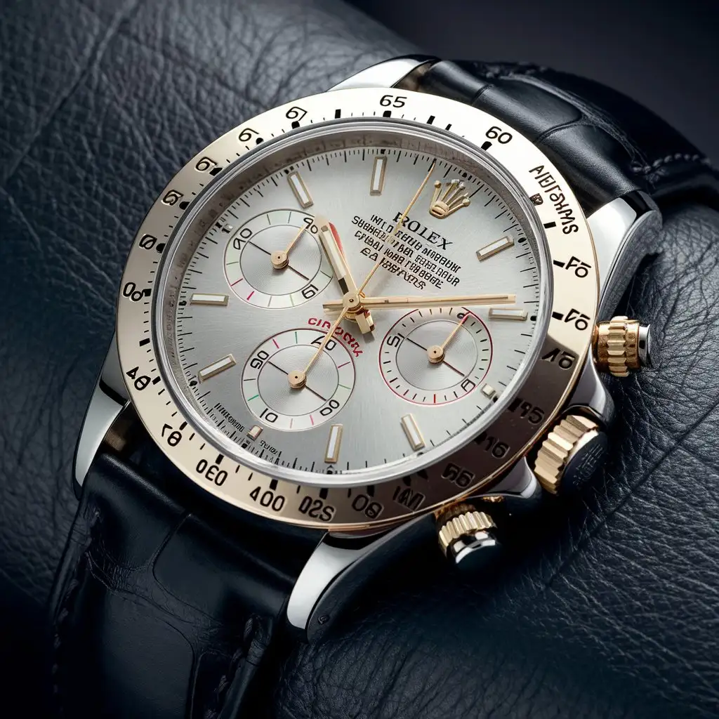 create me a Rolex Daytona watch with a very elegant silver dial that has slightly colored counters that is inspired by the car races of the Indianapolis circuit