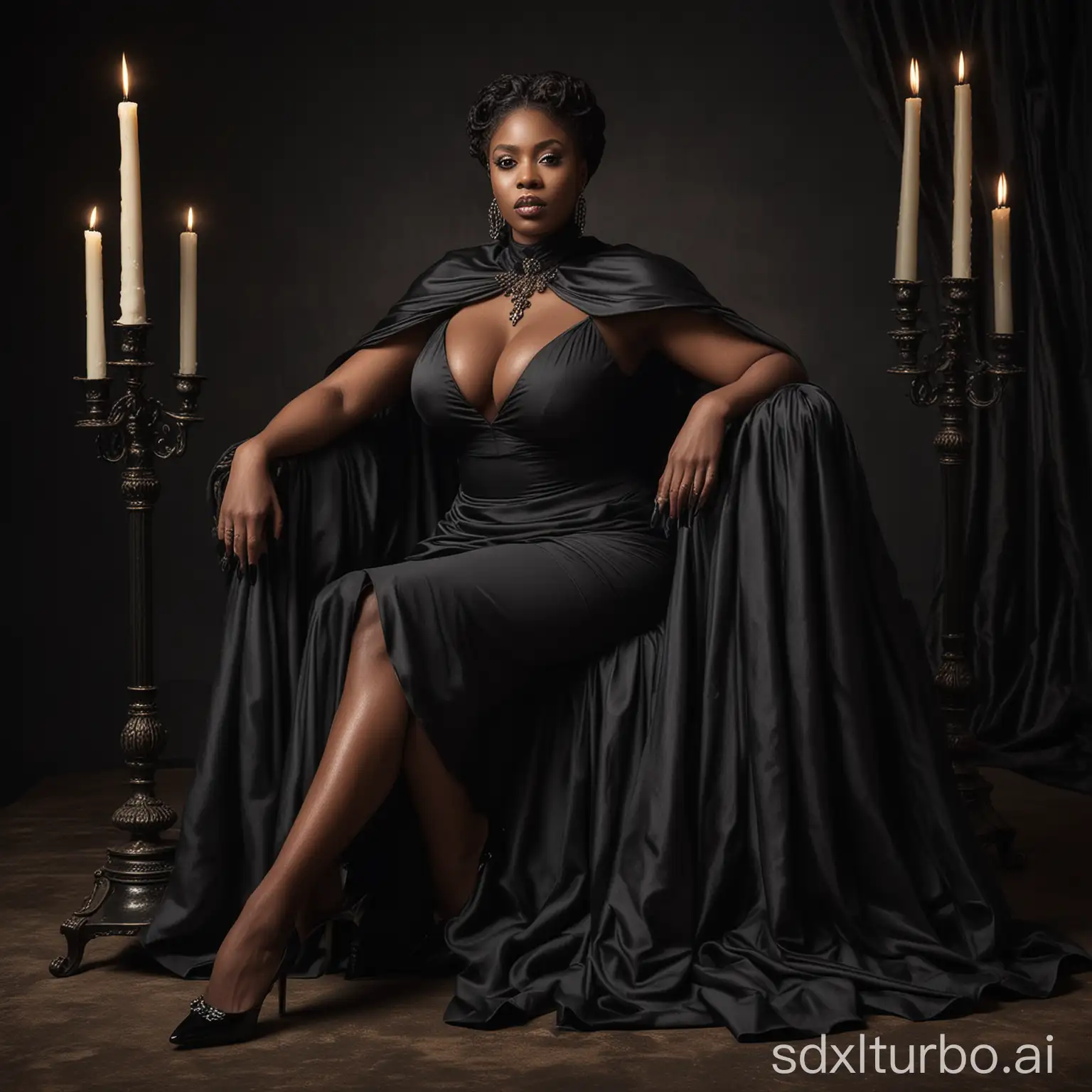 A stunning photograph of a powerful and majestic busty black woman sitting gracefully on a luxurious black throne. She exudes confidence and command, dressed in a mesmerizing black cape with a high collar, which drapes elegantly over her shoulders. Her sophisticated attire shows her exquisite taste and imposing presence. High heel shoes add a sensual touch to the scene, enhancing its balance and grace. A single candlestick adorned with black candles stands proudly beside her, casting a warm, inviting glow that envelopes the scene with an air of mystery and strength. This captivating image is a bold statement of power, confidence and beauty, leaving a lasting impression on all who behold it.,