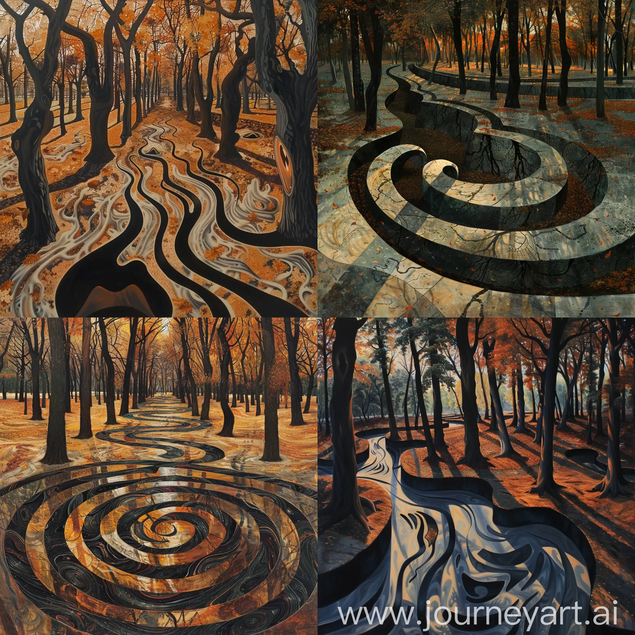Autumn afternoon in the park with pus and dark colors in the style of surrealism and many trees and with many perspectives in the style of Scream painting.