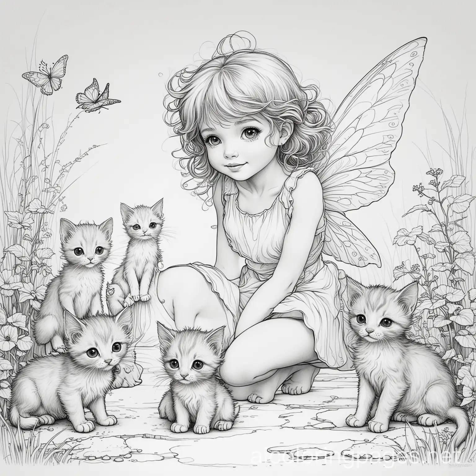 little barefoot fairy girl with messy hair playing outside with her kittens, Coloring Page, black and white, line art, white background, Simplicity, Ample White Space. The background of the coloring page is plain white to make it easy for young children to color within the lines. The outlines of all the subjects are easy to distinguish, making it simple for kids to color without too much difficulty