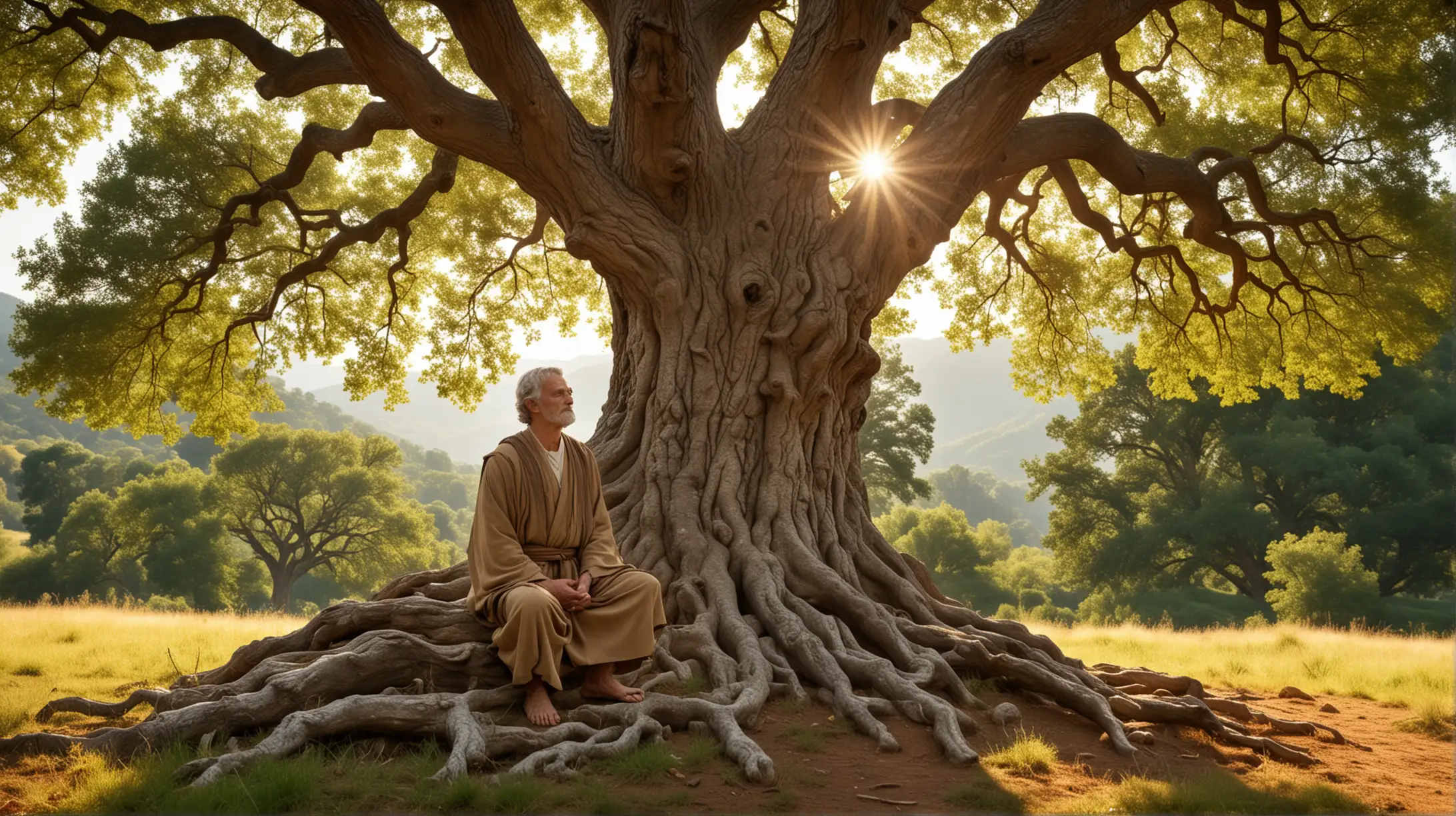 Serene Philosopher Meditating Under Majestic Oak Tree