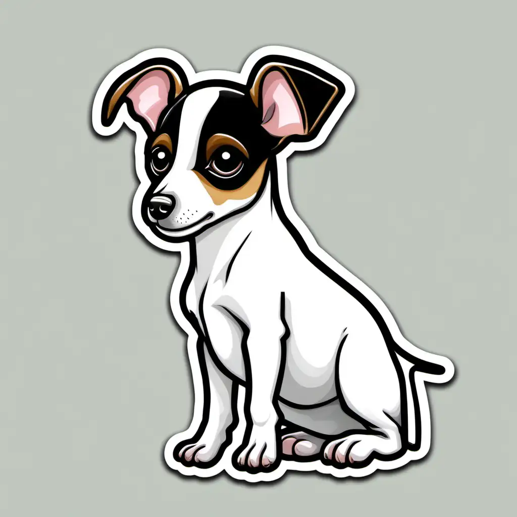 Sticker of a Rat terrier puppy with all white body, dark around eyes , side view with floppy ears
