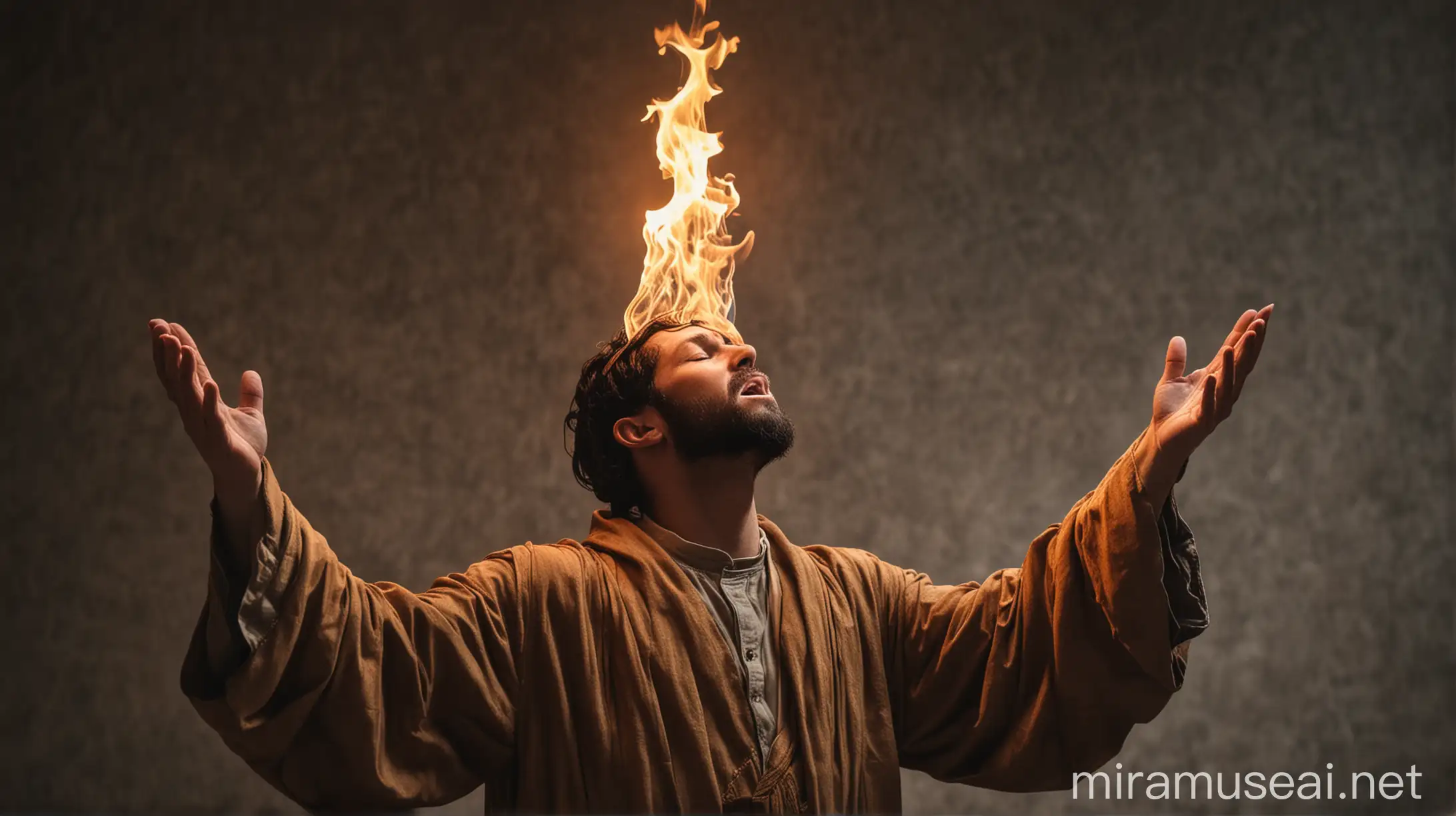 one person worshipping God. their is a flame of fire on his head. he is dressed like someone from the bible.