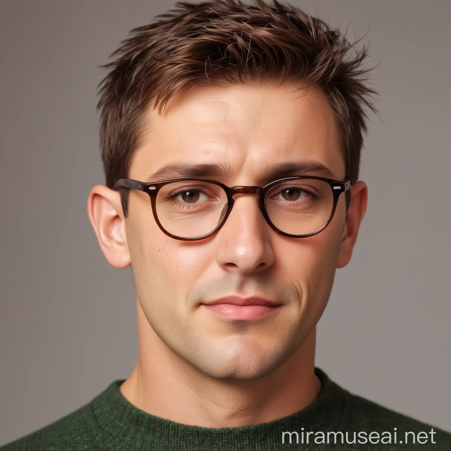 caucasian, short, brown hair, clean shaven, round glasses, normal weight, short hair, middle aged, male