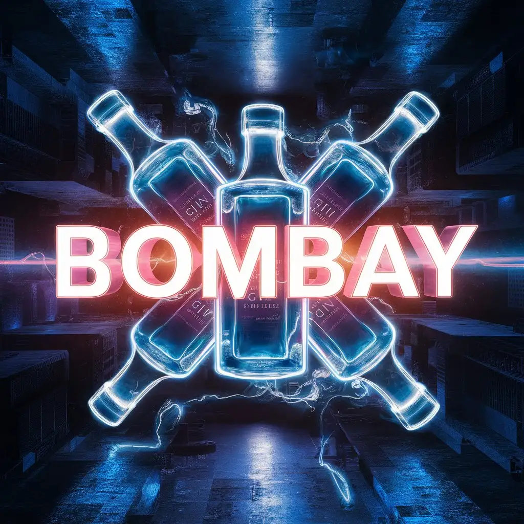 Neon Blue Gin Bottles in Dark 3D Album Cover for Bombay