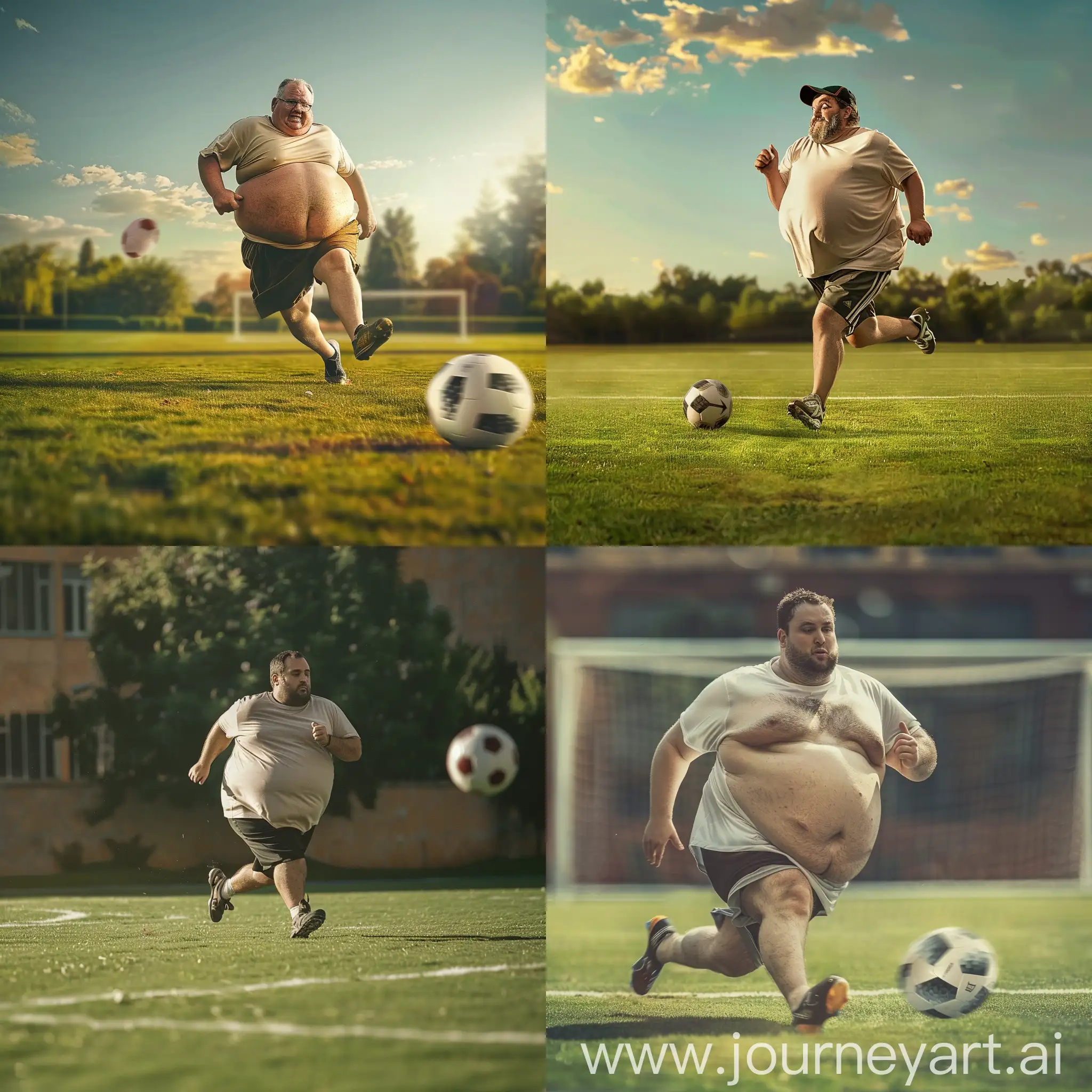 a photo with a fat guy running on a soccer field