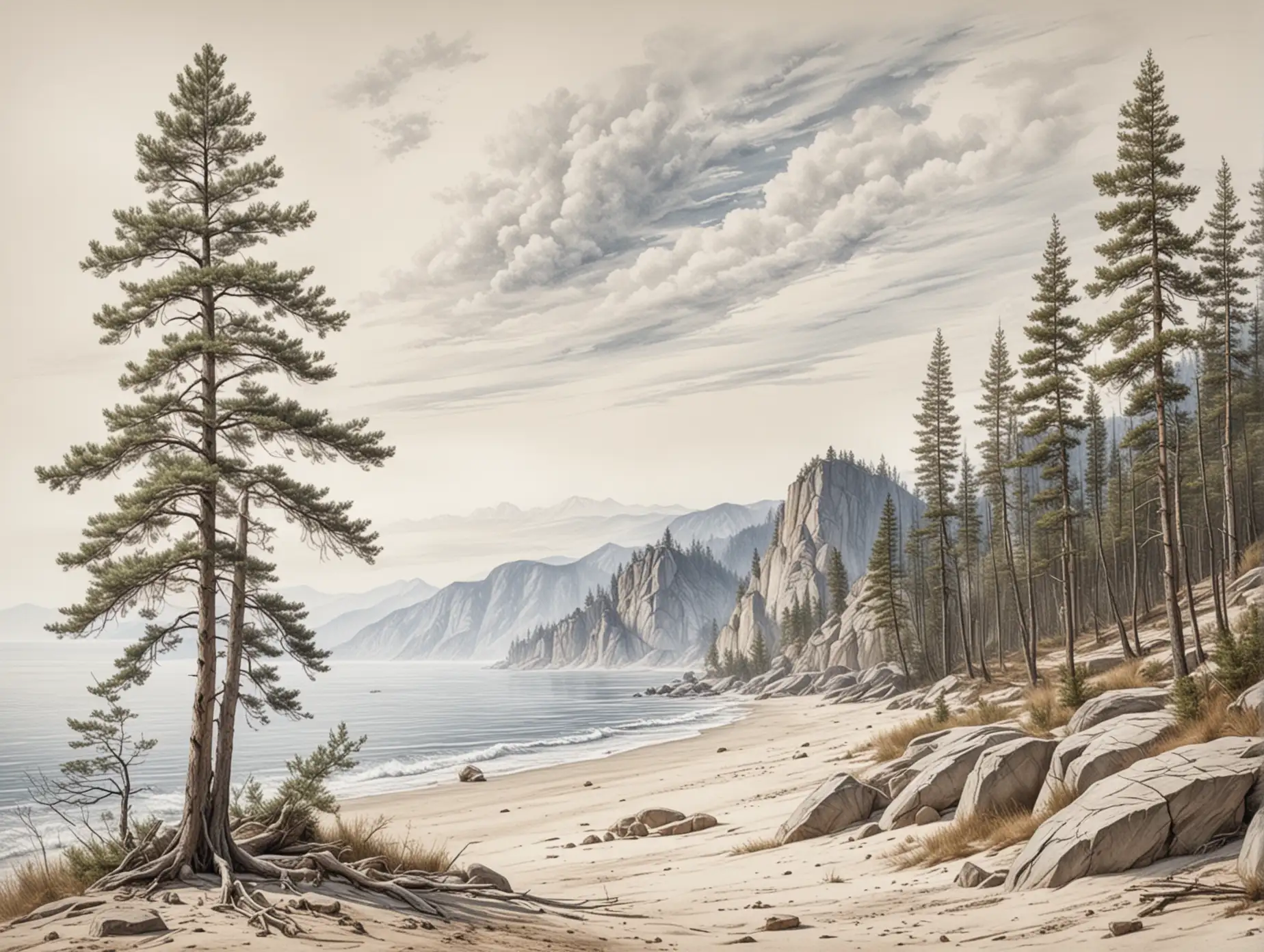 Detailed-Pencil-Drawing-of-Lake-Baikal-Shoreline-with-Mountain-and-Pine-Tree