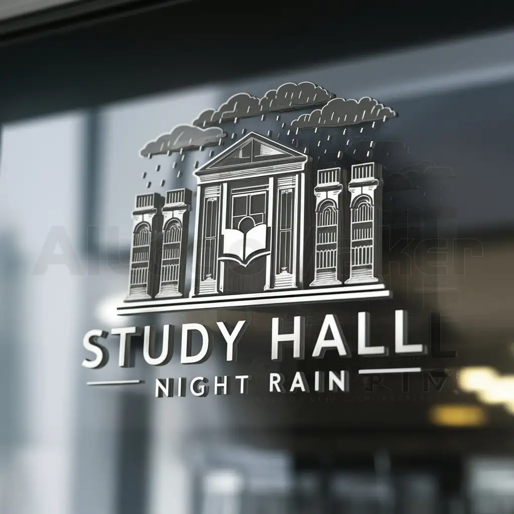 a logo design,with the text "study hall night rain", main symbol:ancient bookstore, rain, book,complex,clear background