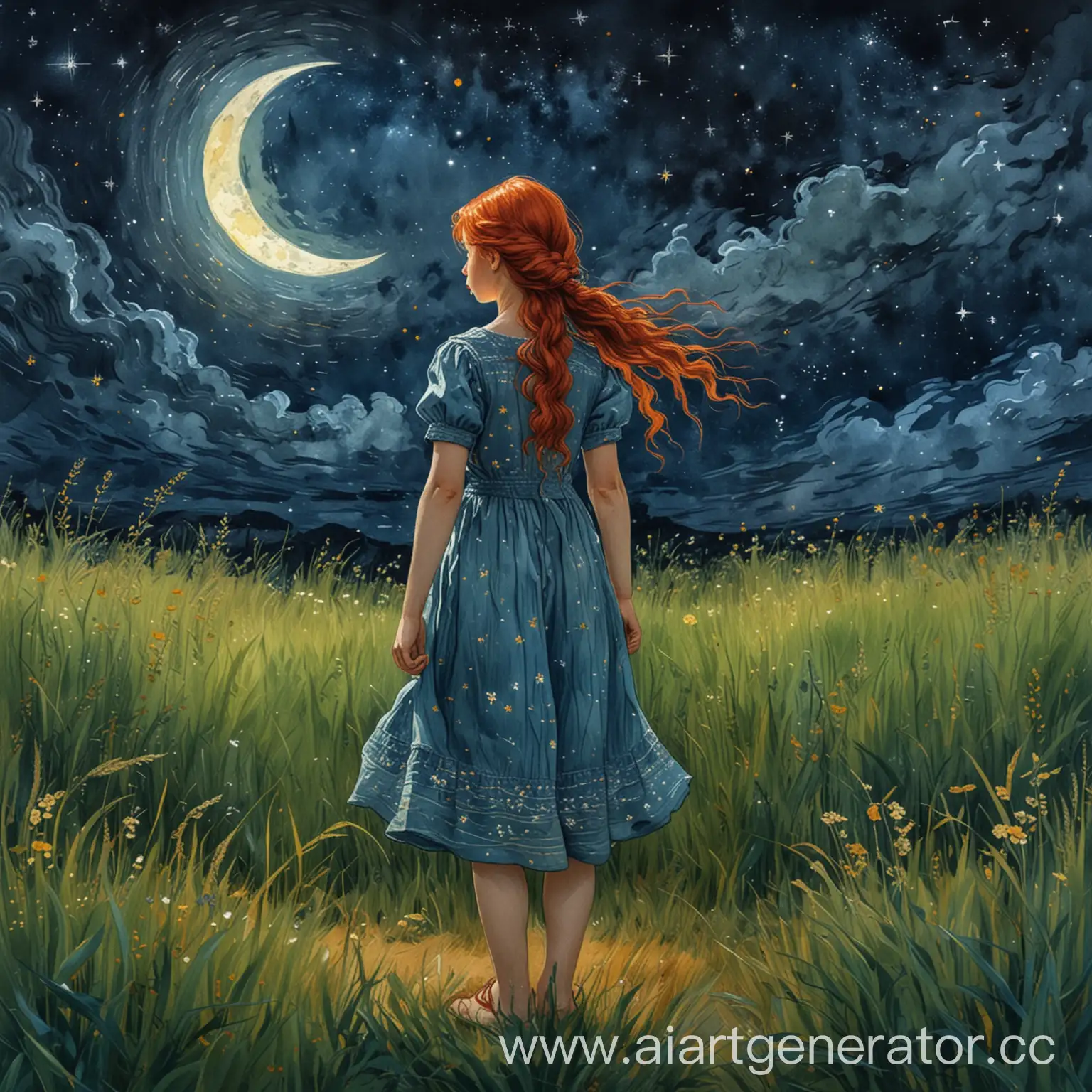 рисунок акварельными красками в в стиле художника Ван Гога. вдалеке у горизонта стоит девочка в полный рост 12 лет в летнем платье и с длинной русой косой. девочка смотрит на ночное небо. внизу густая трава,  в небе светит серп луны  и много звезд. 