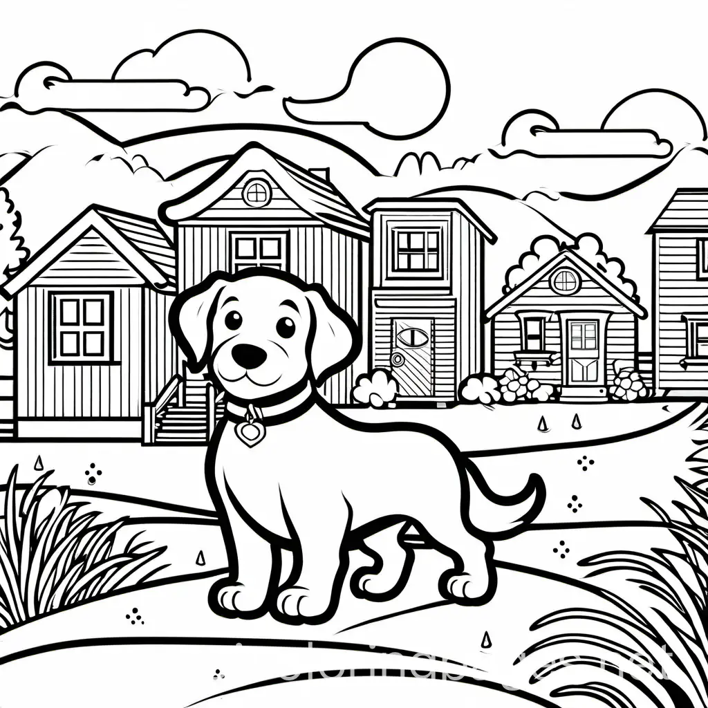 a nervous puppy moving into a new town, Coloring Page, black and white, line art, white background, Simplicity, Ample White Space. The background of the coloring page is plain white to make it easy for young children to color within the lines. The outlines of all the subjects are easy to distinguish, making it simple for kids to color without too much difficulty