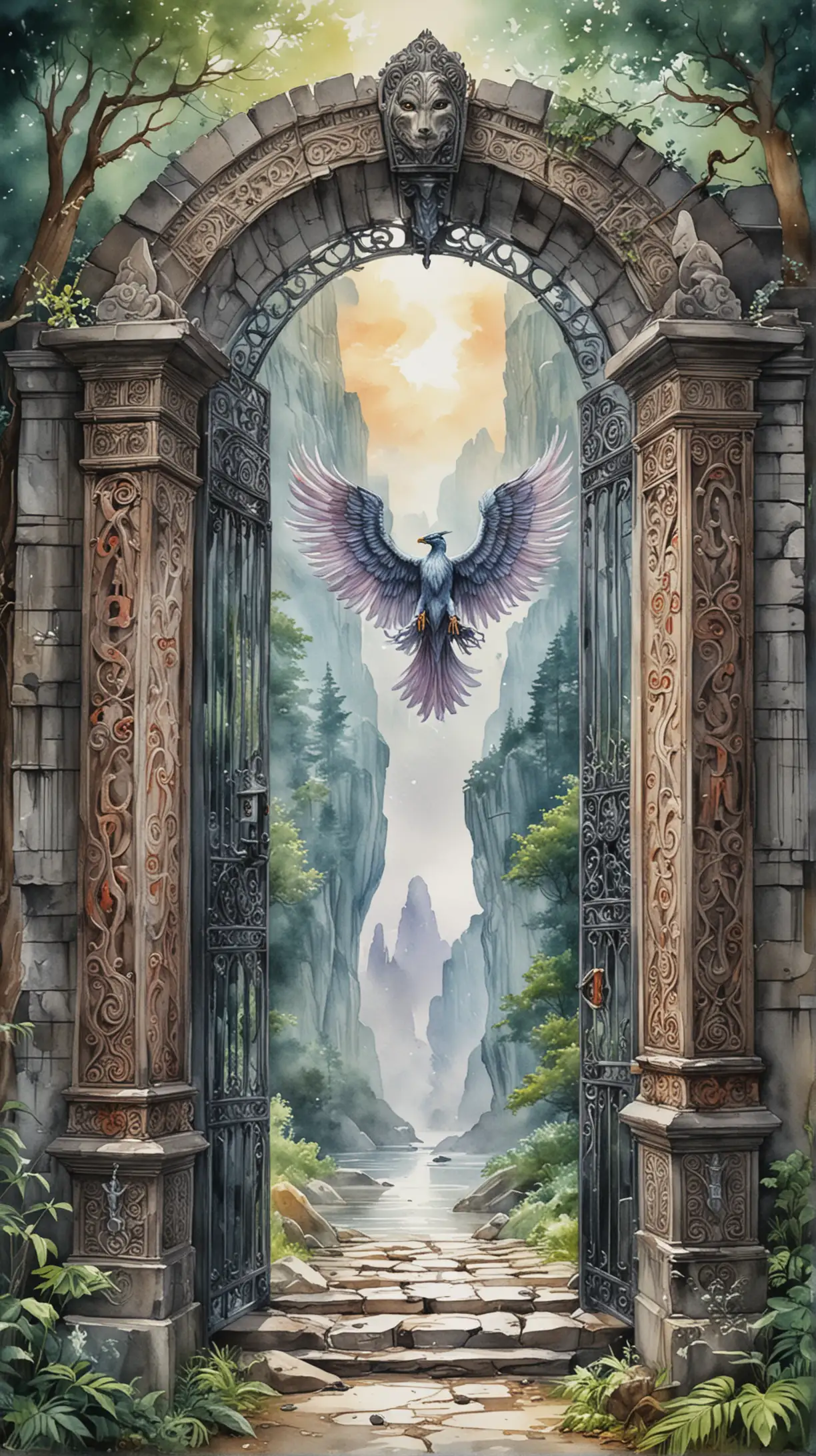 Guardian of Spirit Gates Ethereal Watercolor Painting