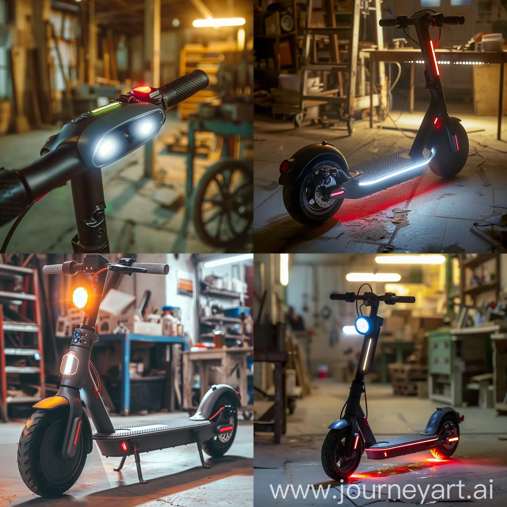 Electric scooter with backlight on the steering wheel of the ignition key, against the backdrop of the workshop