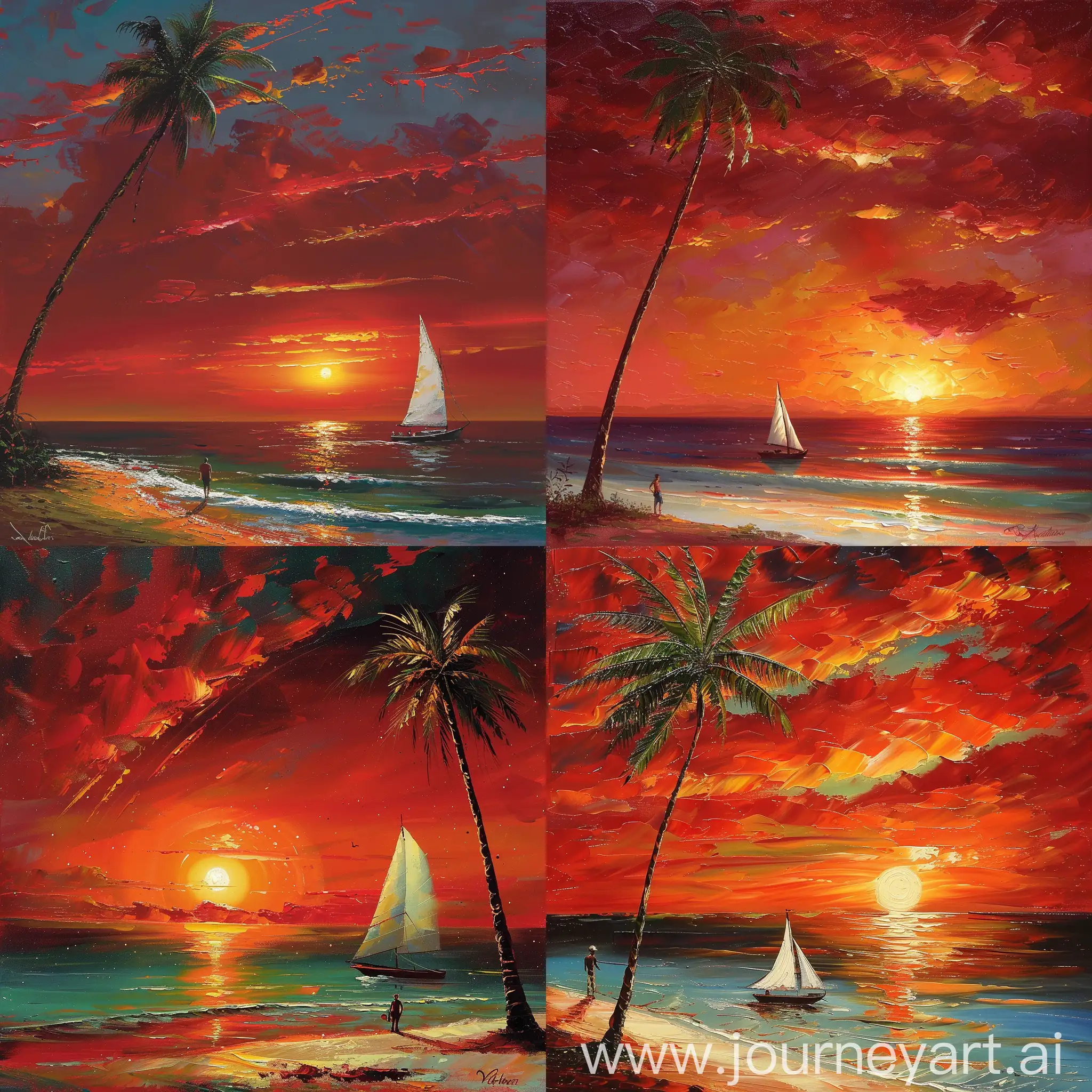 make image, a painting that captures the essence of a tranquil beach scene at sunset. It features: A sky ablaze with vibrant red and orange hues, suggesting the time of day is evening. The sun setting on the horizon, its brightness radiating across the sky. A lone figure standing on the shore, possibly reflecting on the day or enjoying the peaceful scenery. A small sailboat with a white sail, drifting on the calm sea waters, adding a sense of serenity to the scene. A tall palm tree leaning towards the ocean, contributing to the tropical feel of the artwork.