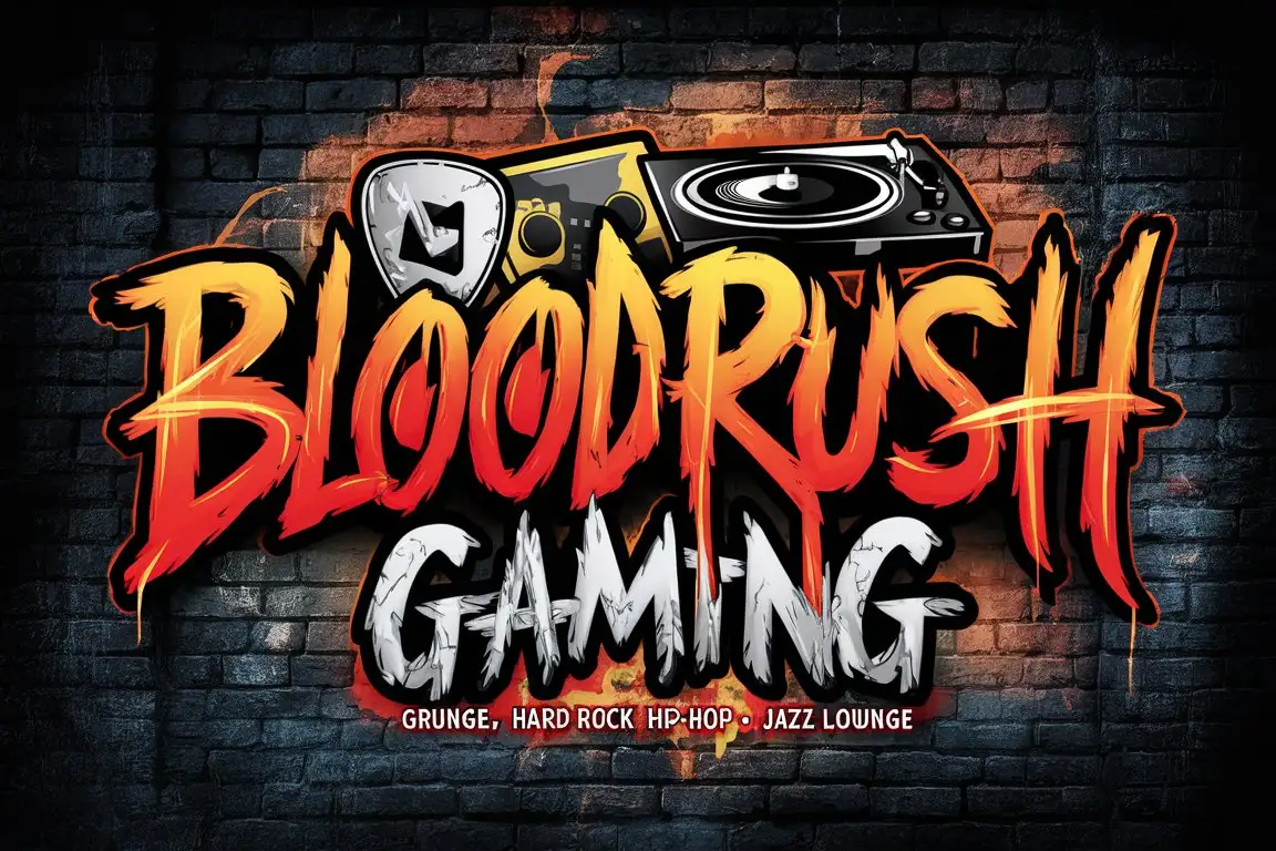A Graffiti Style Logo for a Games Store with the Name BLOODRUSH GAMING.
The Logo gives the feeling of Grunge, Hard Rock, Hip Hop and  Jazz Lounge vibes.
The Background should look like a Brick wall.

