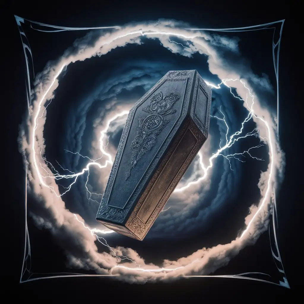 Closed tapered electric coffin floating in a 3D universe 
Cosmos
Thundercloud
Lightning striking coffin
Image bordered by black gradient
