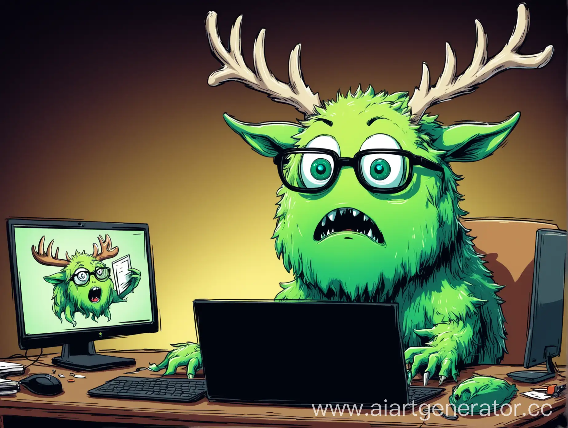 Mystical-Green-Creature-with-Antler-Horns-Surprised-by-Computer