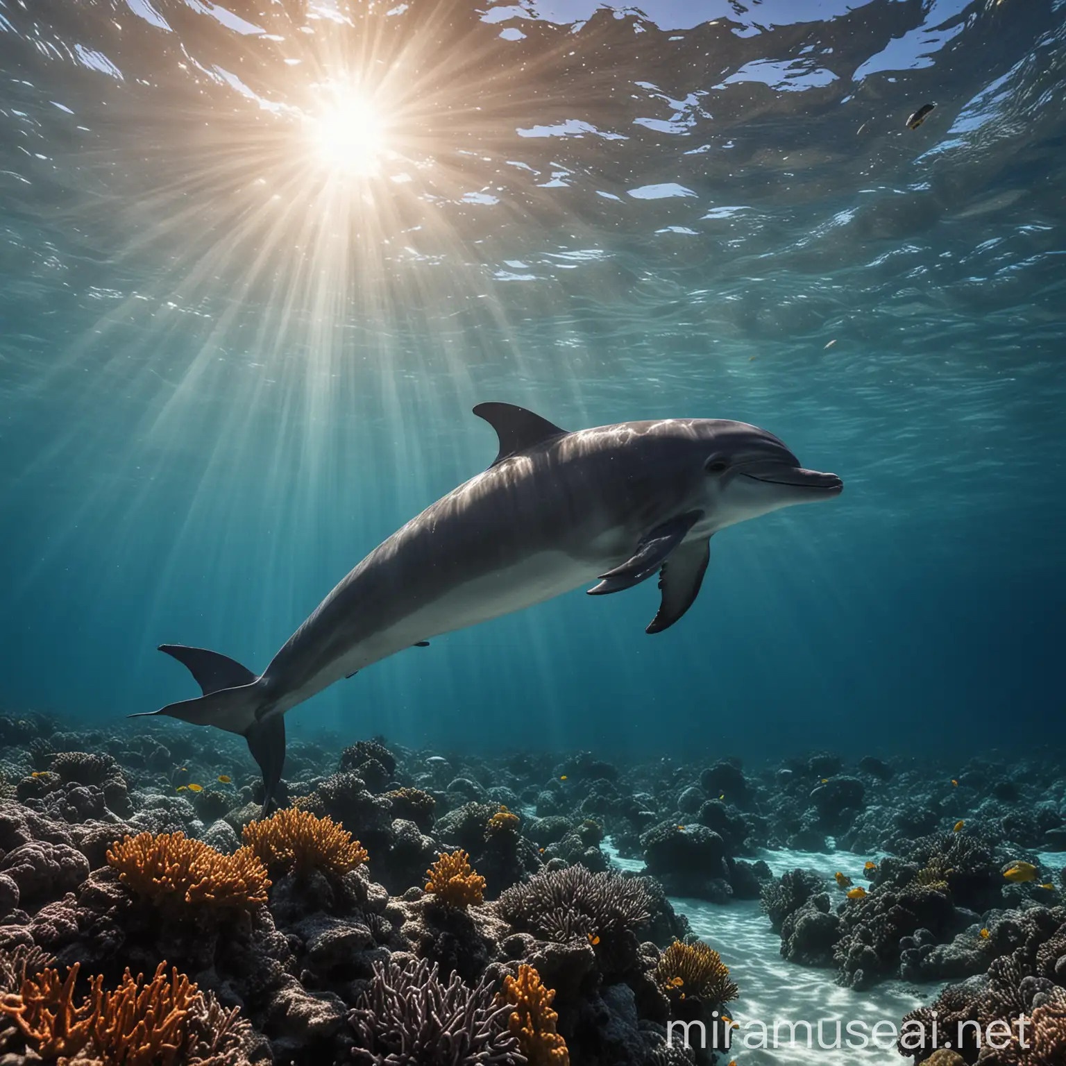 A dolphin is swimming gracefully underwater in a clear, vibrant blue ocean. The sunlight filters down from the surface, creating a beautiful play of light and shadows on the dolphin's sleek, grey body. Around the dolphin, colorful coral reefs and schools of small, bright fish add to the lively underwater scene. The water is clear, allowing the details of the coral and sea plants swaying gently in the current to be seen. The scene captures the tranquility and beauty of the underwater world.