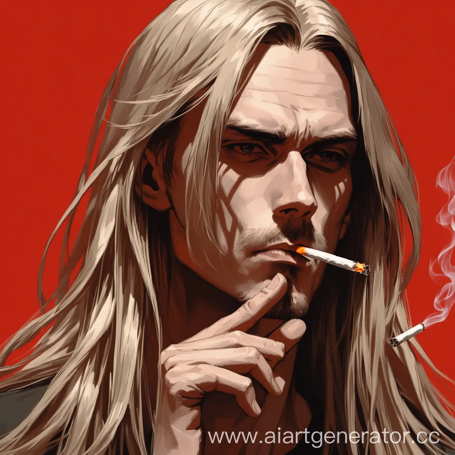 Serious-LongHaired-Man-Smoking-Cigarette-on-Red-Background