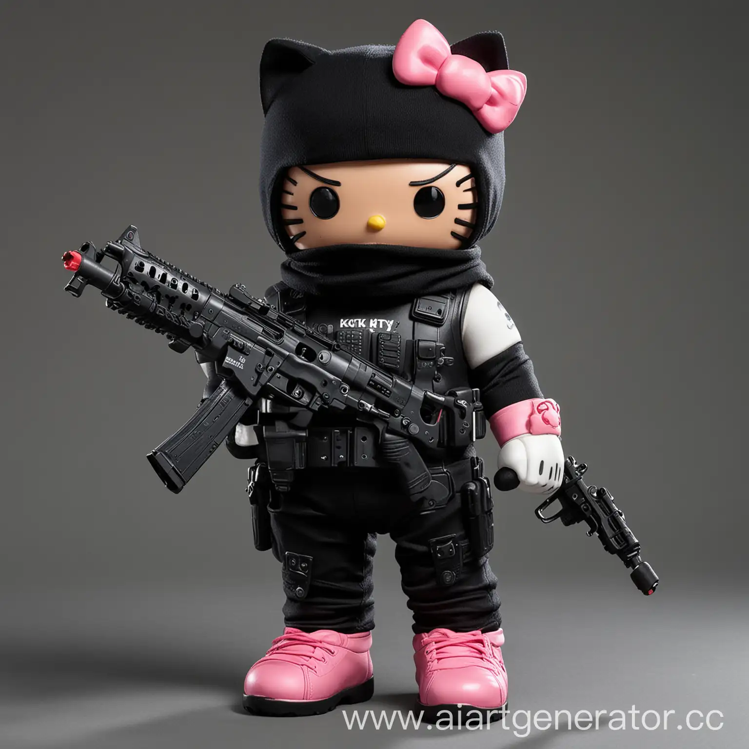 Hello kitty but have a balaclava and had a gun on his hand the gun is extended mag tec9.
Have a black baggy pant and black compress tshirt and he got muscles