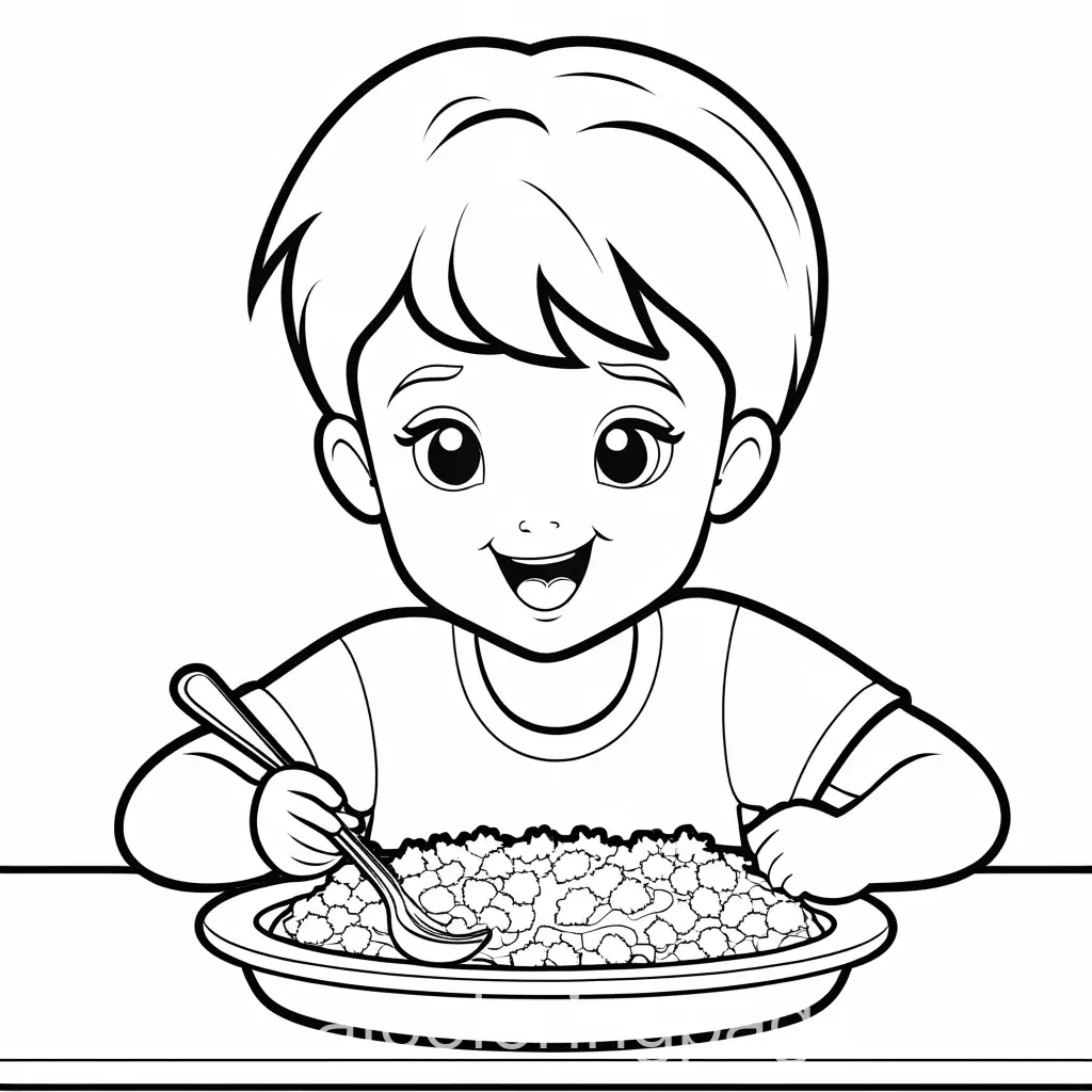 Coloring page kid eating, Coloring Page, black and white, line art, white background, Simplicity, Ample White Space. The background of the coloring page is plain white to make it easy for young children to color within the lines. The outlines of all the subjects are easy to distinguish, making it simple for kids to color without too much difficulty