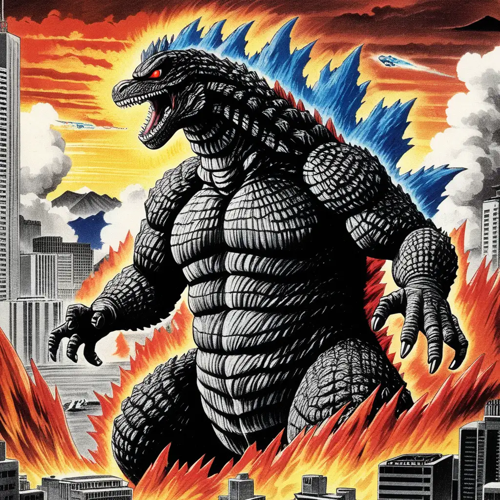 Giant Anime Godzilla Rampaging Through Neon City