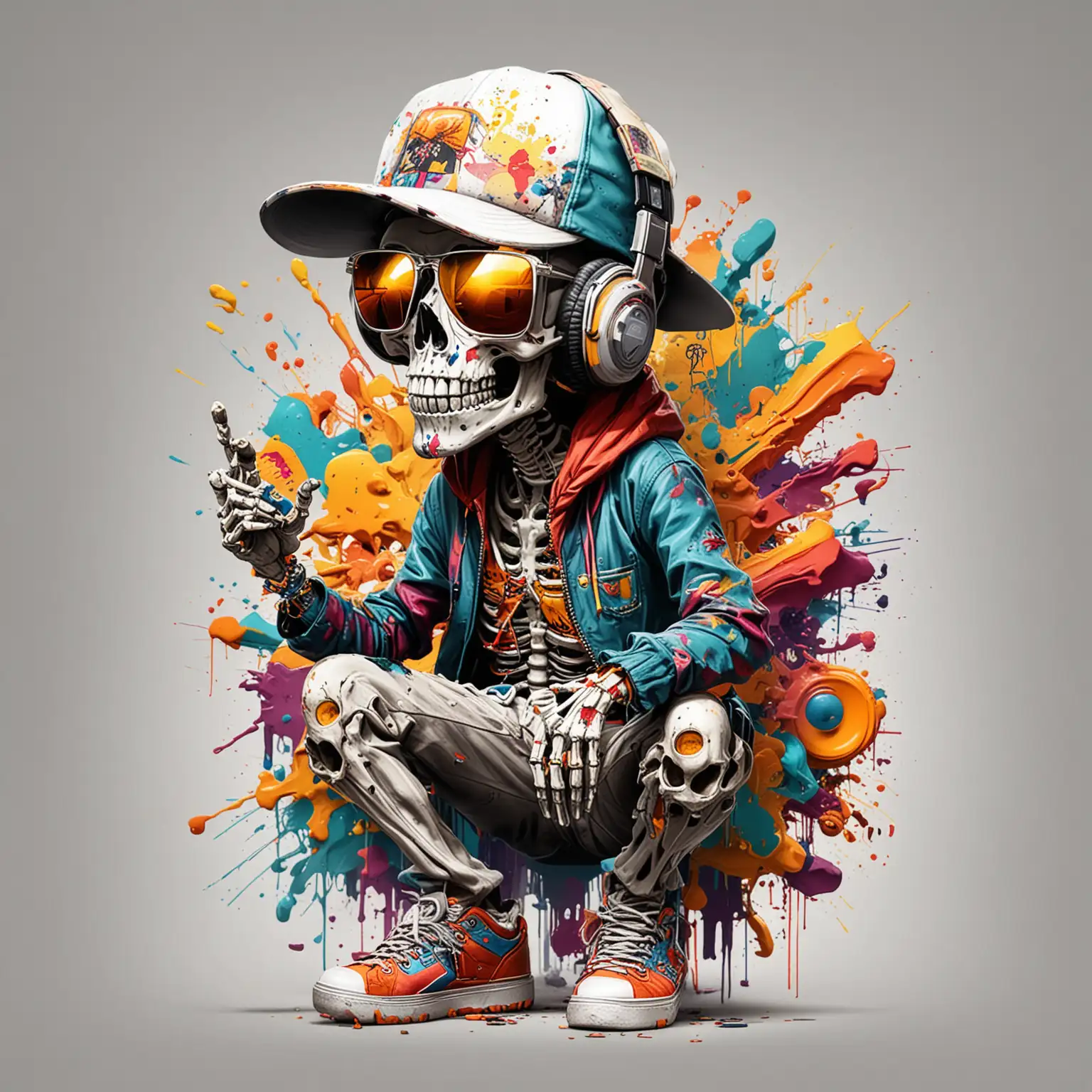 Colorful Abstract Hip Hop Skeleton Listening to Music with Graffiti Cartoon Style