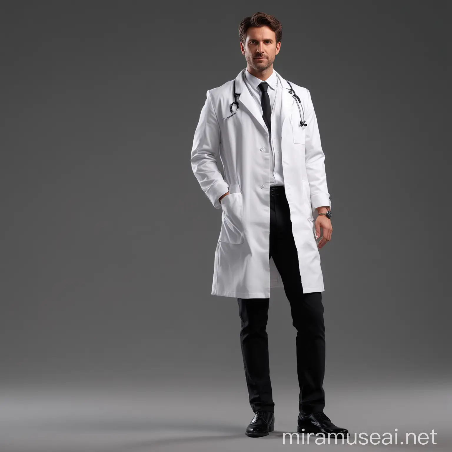 elegant male doctor wearing white doctor coat, white shirt, black pants, black shoes, plain background, high detail, high quality, 8k, 35mm camera, realistic, CGI, VFX, SFX
