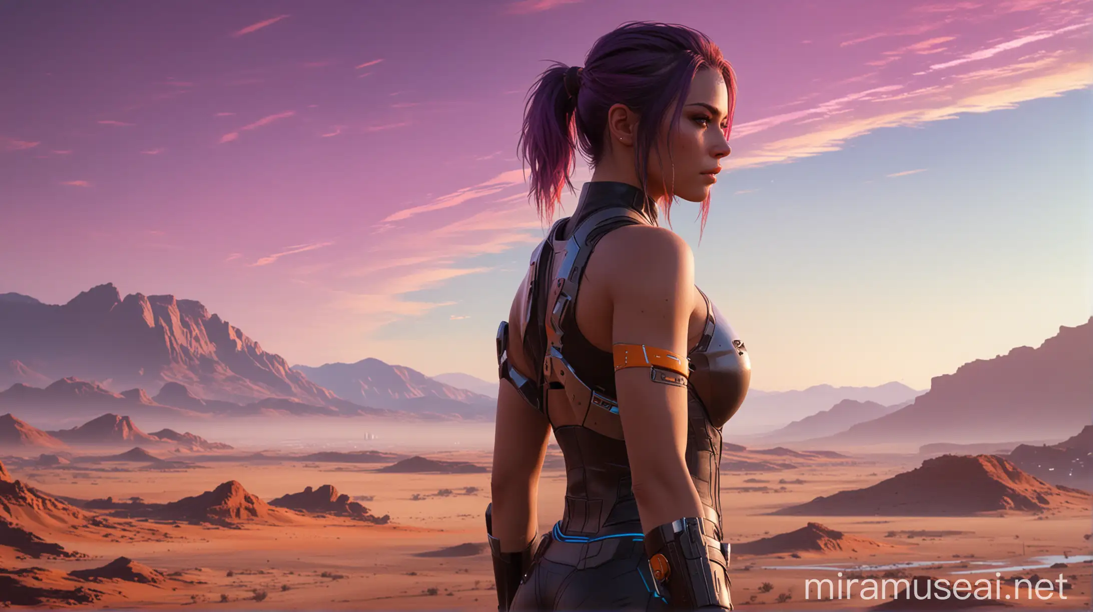 """
Create cover art inspired by Panam Palmer from Cyberpunk 2077. The artwork should depict a lone figure, resembling Panam, standing against a vast desert backdrop under a twilight sky. Emphasize her rugged and resilient appearance, reflecting her as a survivor and a warrior of the desert. The scene should capture the harsh beauty of the desert environment, using a palette of deep oranges, purples, and blues to convey both the toughness and the freedom represented by her character. The figure should be portrayed in a contemplative pose, looking off into the distance, with subtle hints of futuristic elements to tie back to her origins from Cyberpunk 2077.
"""