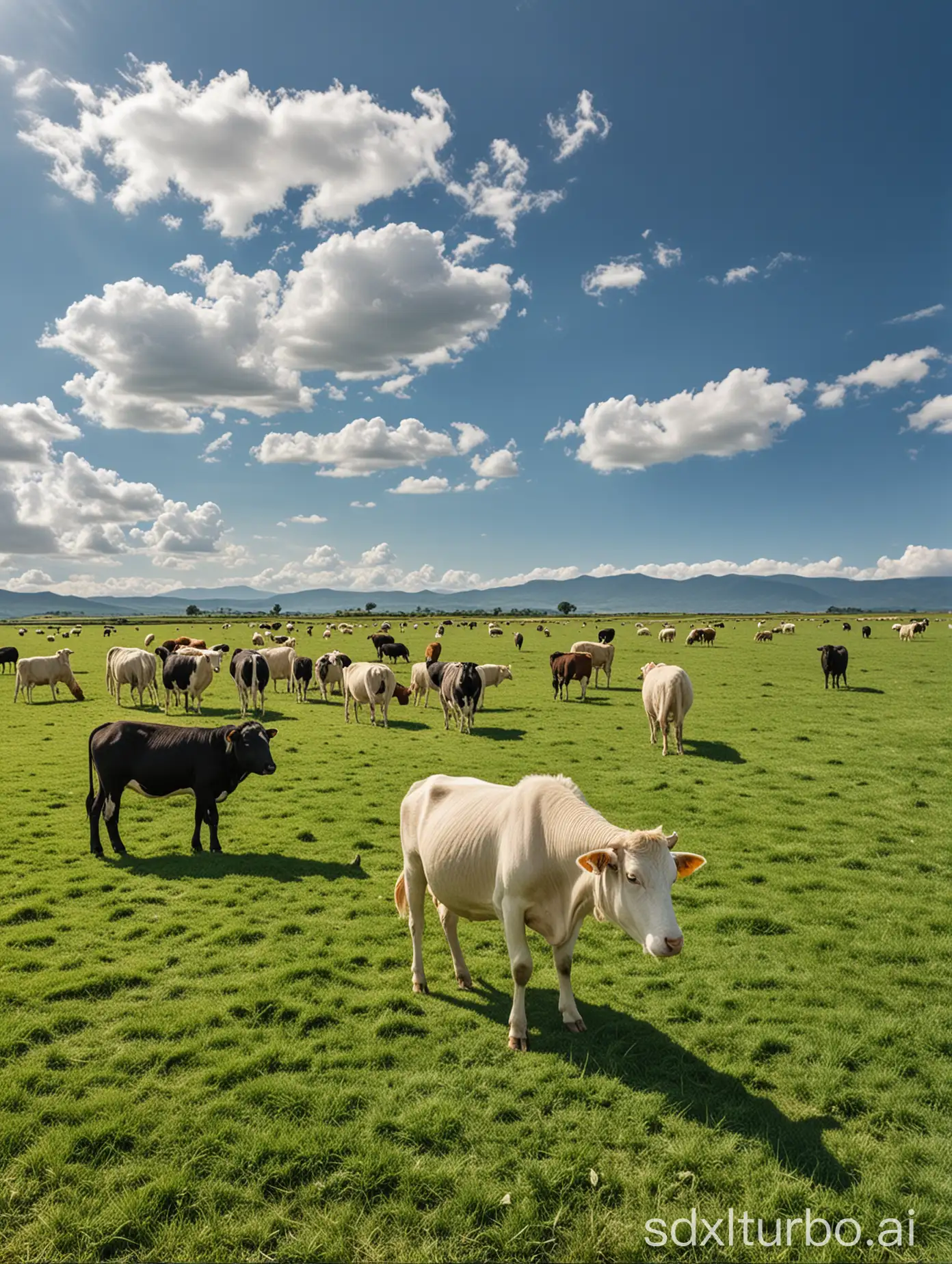 The main subjects are cows, sheep, and chickens on the grassland, under the blue sky.