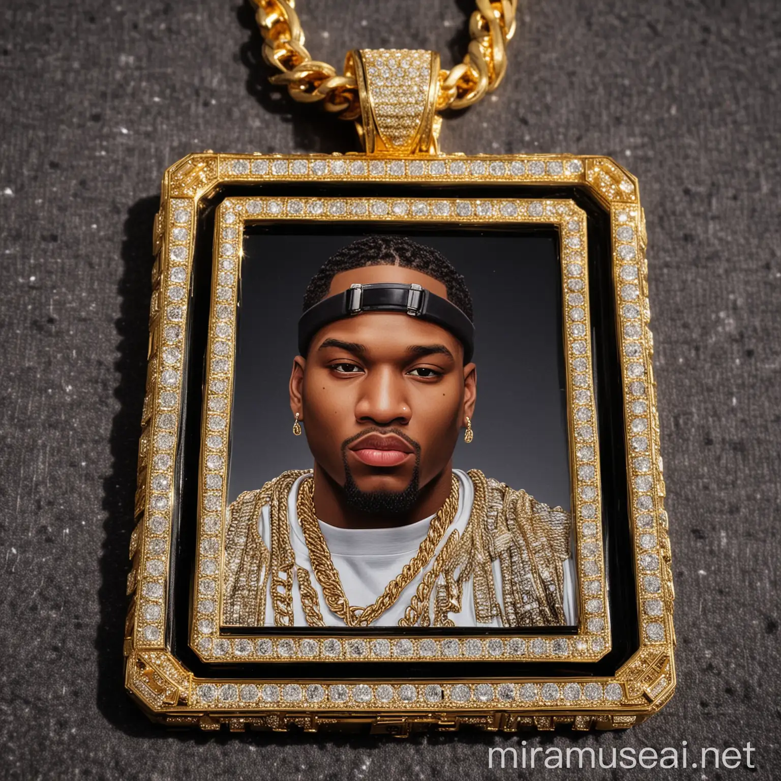 Hip Hop Portrait with Iced Out Golden Jewelry Pendants in a Square Frame with Enamel