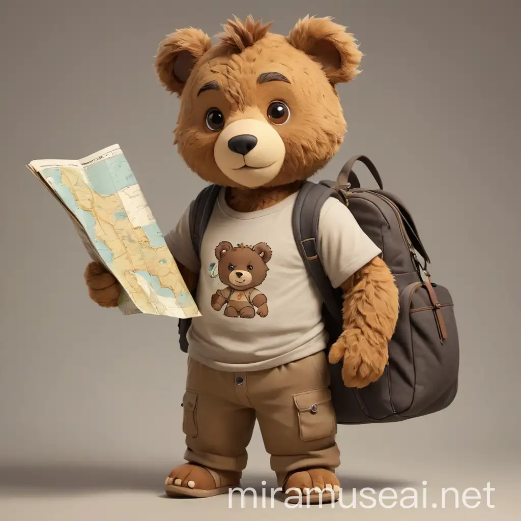 furry teddy. brownish skin tone. wearing t shirt and pant. wearing travel bag. holding map in one hand.
