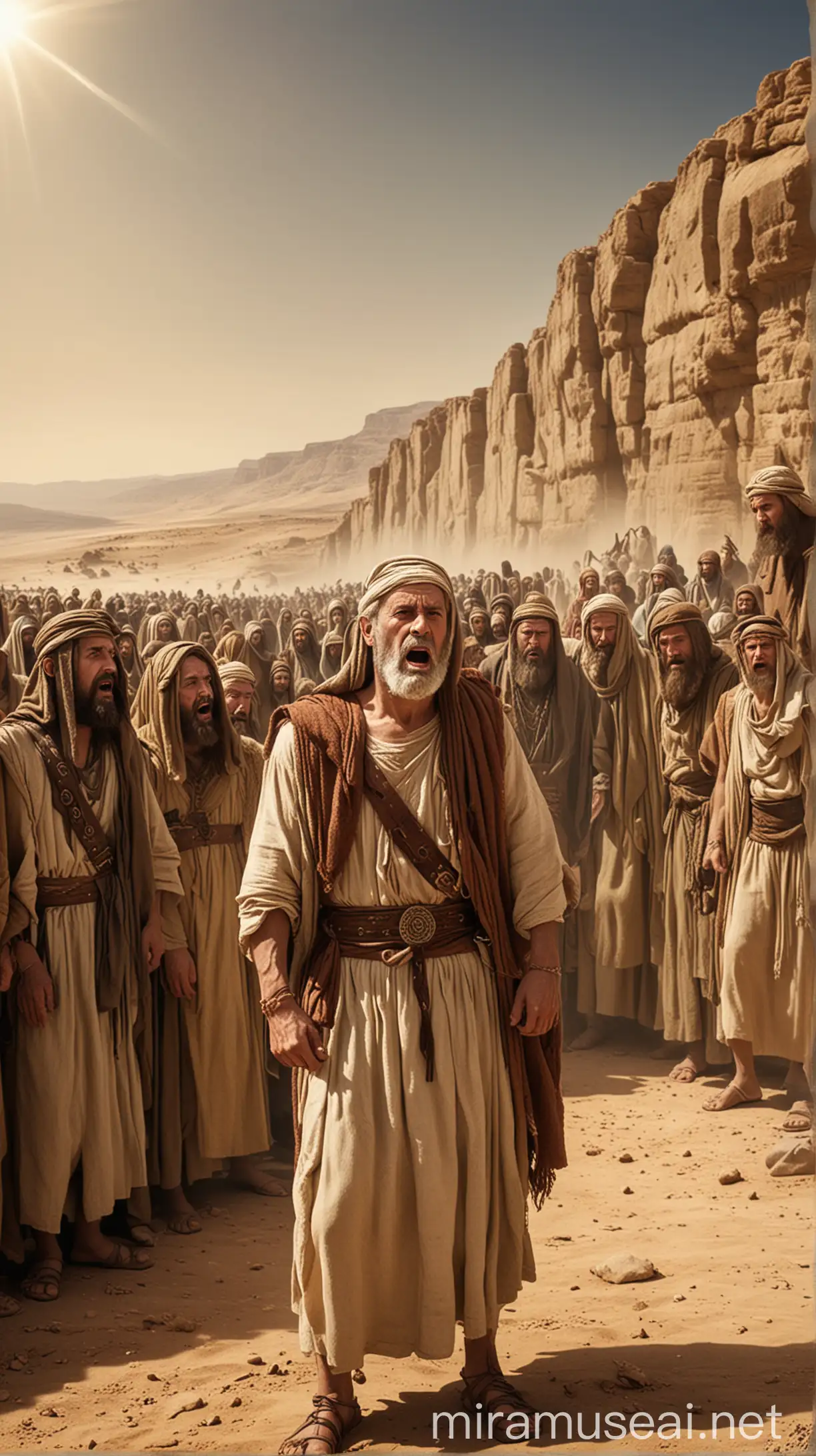 Ancient Men Confronting Cowering Israelites in Desert