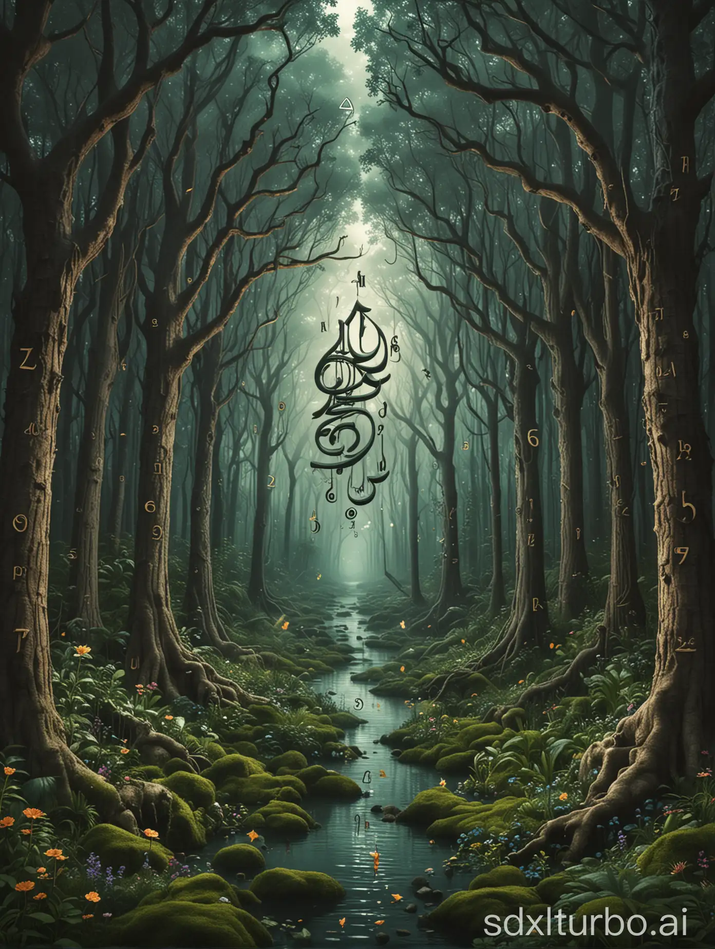 Album cover design for music production, themed around enchanted forest and Arabic numerals.