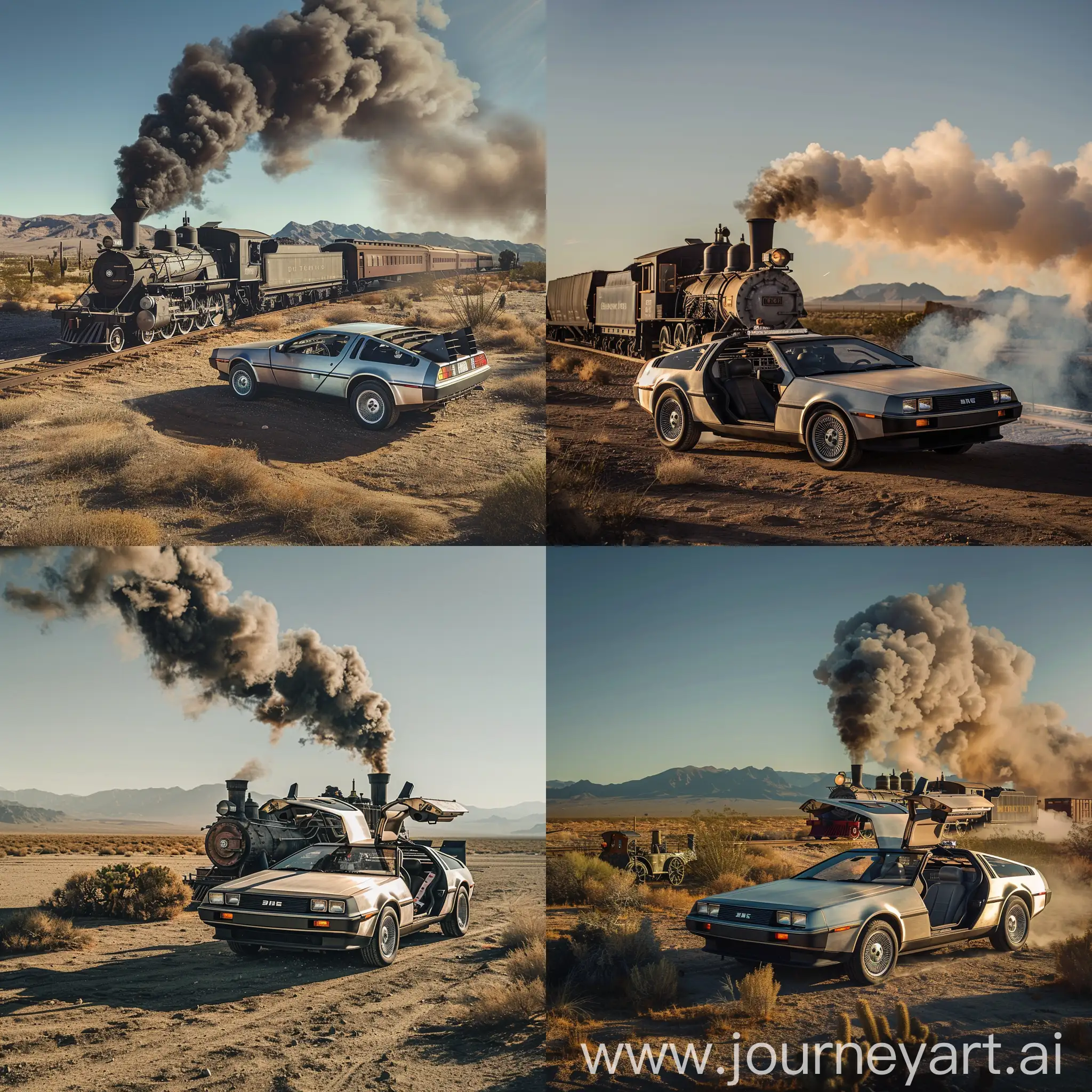 The iconic DeLorean from "Back to the Future" is parked in the vast, arid desert, its gull-wing doors open, showcasing its futuristic interior. Directly behind the DeLorean, an old steam locomotive looms, its massive wheels and steel body casting a formidable presence. The train's smokestack billows thick plumes of steam and smoke into the sky. The barren, sandy terrain stretches out in all directions, dotted with cacti and framed by distant mountains. The sun is setting, casting long shadows and bathing the entire landscape in a dramatic, golden light. This scene creates a striking contrast between the sleek, futuristic car and the vintage train, blending elements of science fiction and the Old West